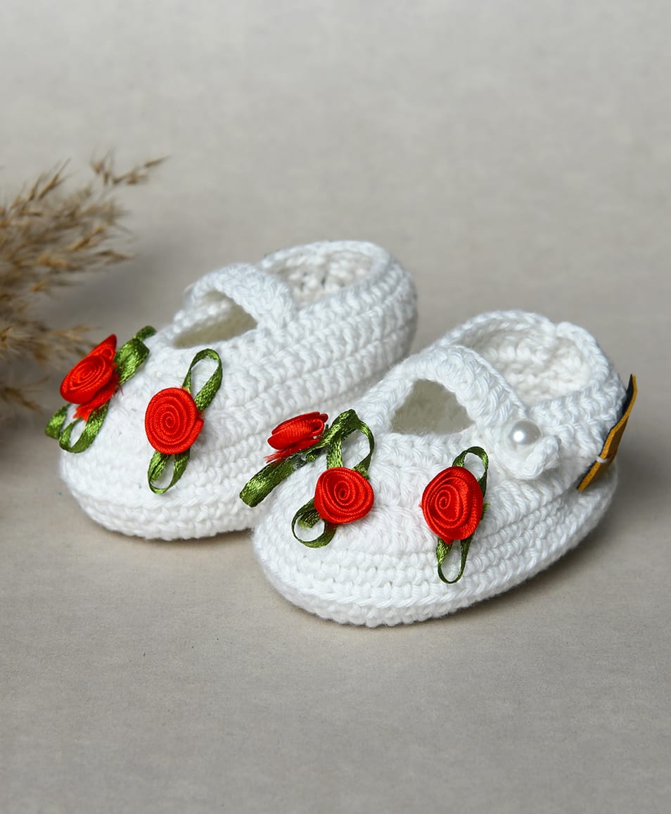 Funkrafts Pearl Embellished Floral Applique Detailed Booties - White & Red-picture-25