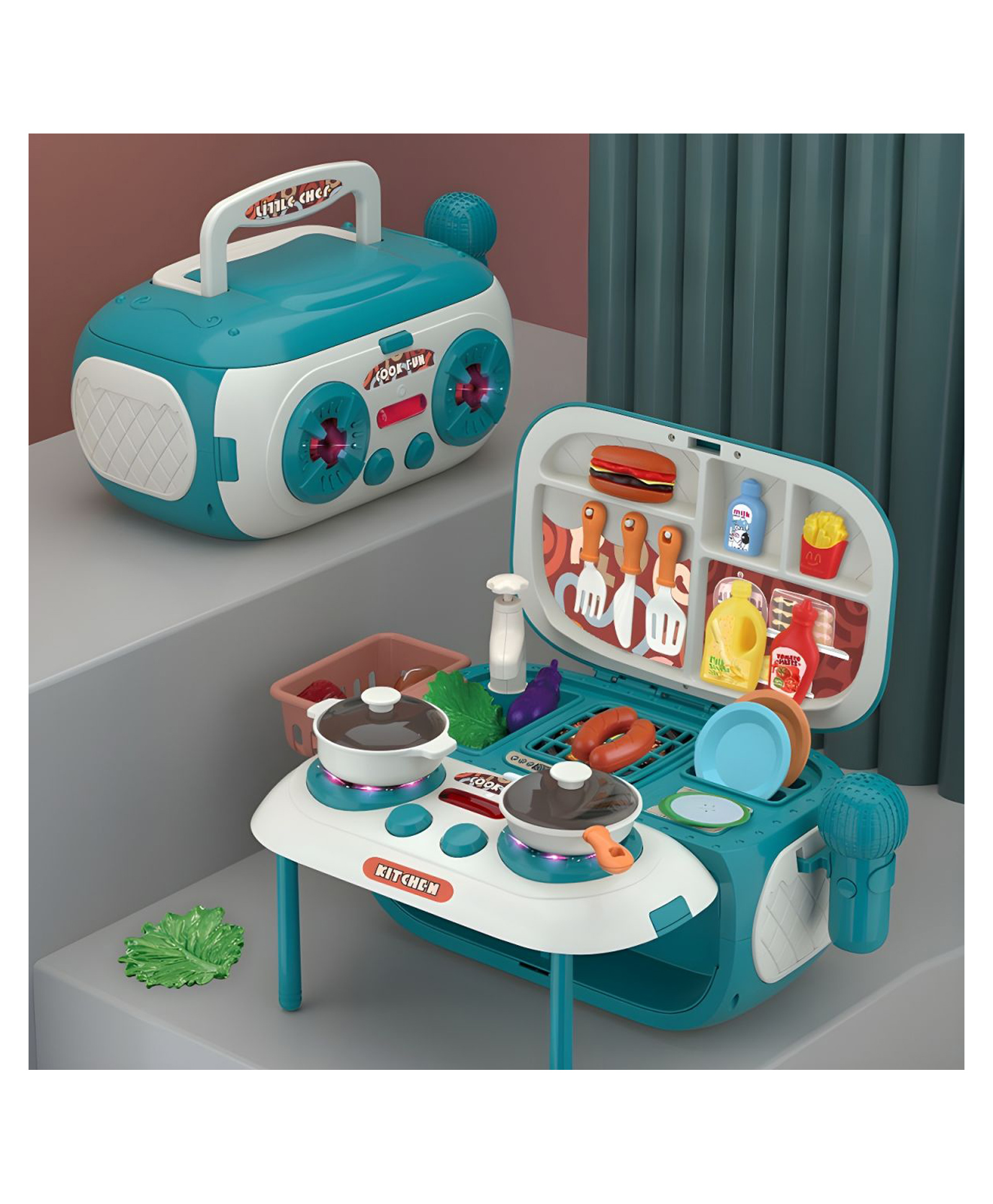 Sanjary 2 in 1 Stereo Music Dining Table Kids Pretend Play Toy Kitchen Toy Cooking Set for kids color design may vary-image-2