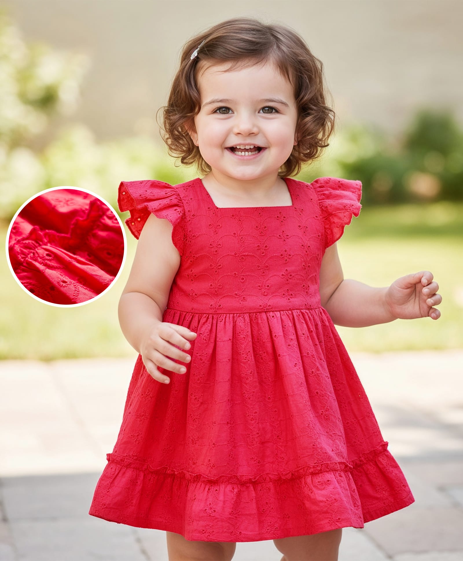 Babyoye Schiffli Woven Cap Sleeves Solid Frock - Red