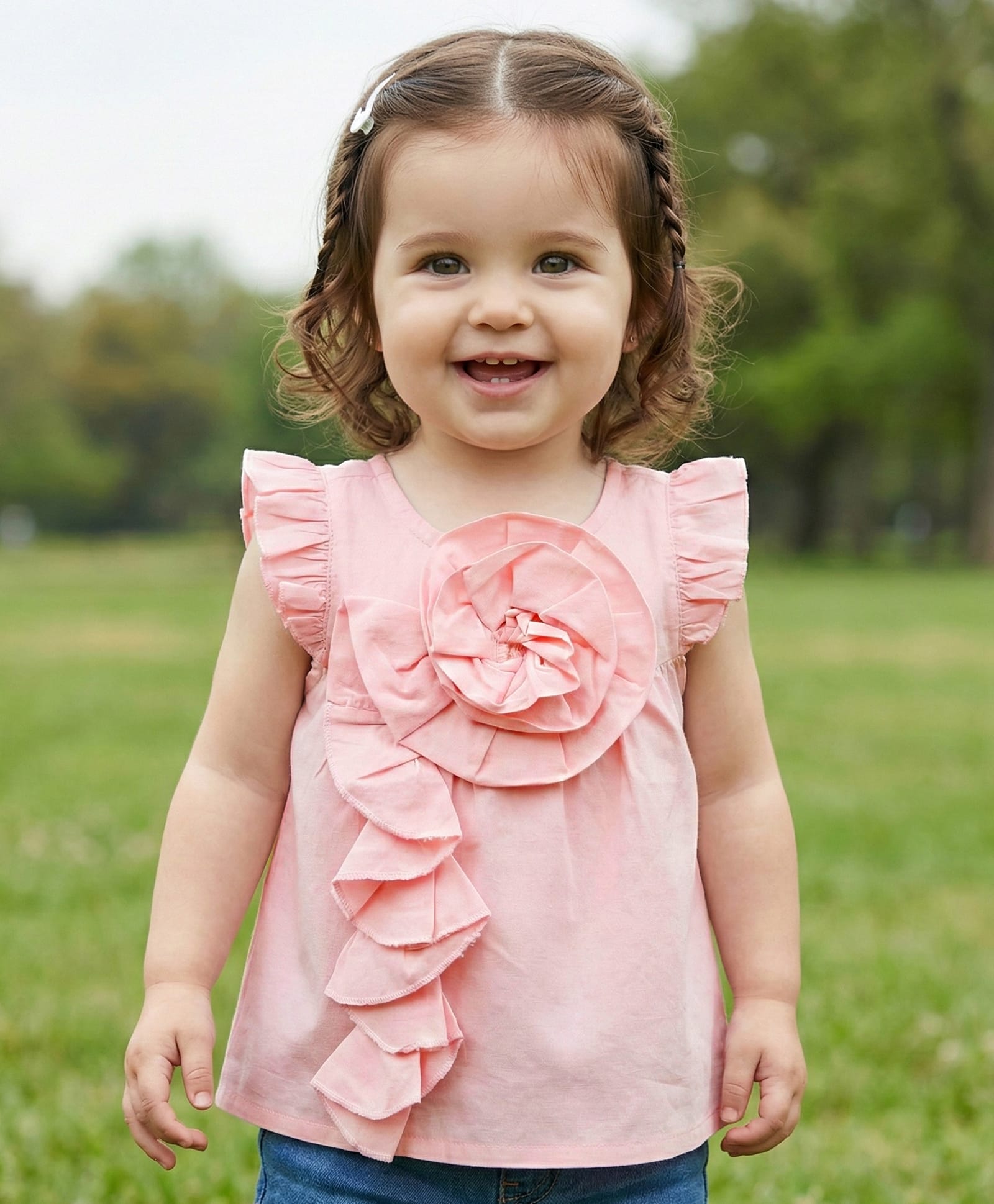 Babyoye Poplin Woven Frill Sleeves Solid Color Top with Floral Applique - Light Pink