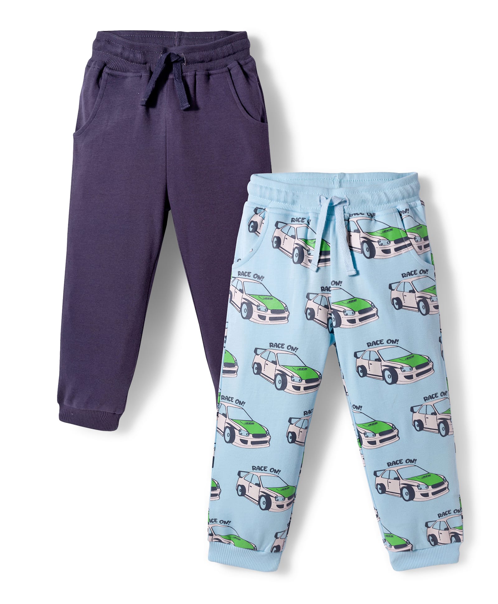 Bonfino 100% Cotton Knit Full Length Track Pant With Cargo Pocket & Vehicle Print Pack Of 2 - Navy Blue & Light Blue-image-17
