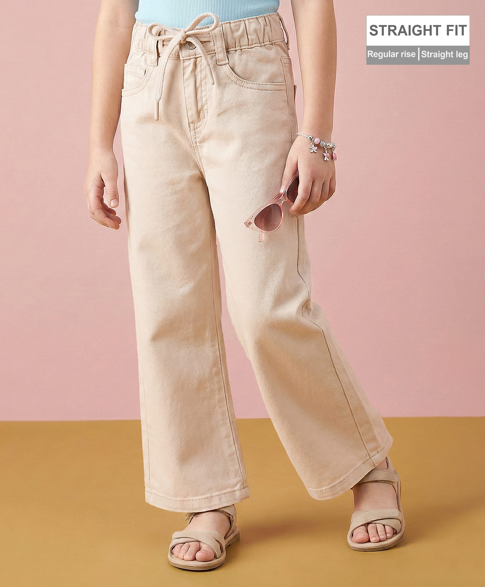 arias by lara dutta Arias Cotton Elastane Woven Full Length Wide Leg Washed Denim Jeans - Beige-picture-35