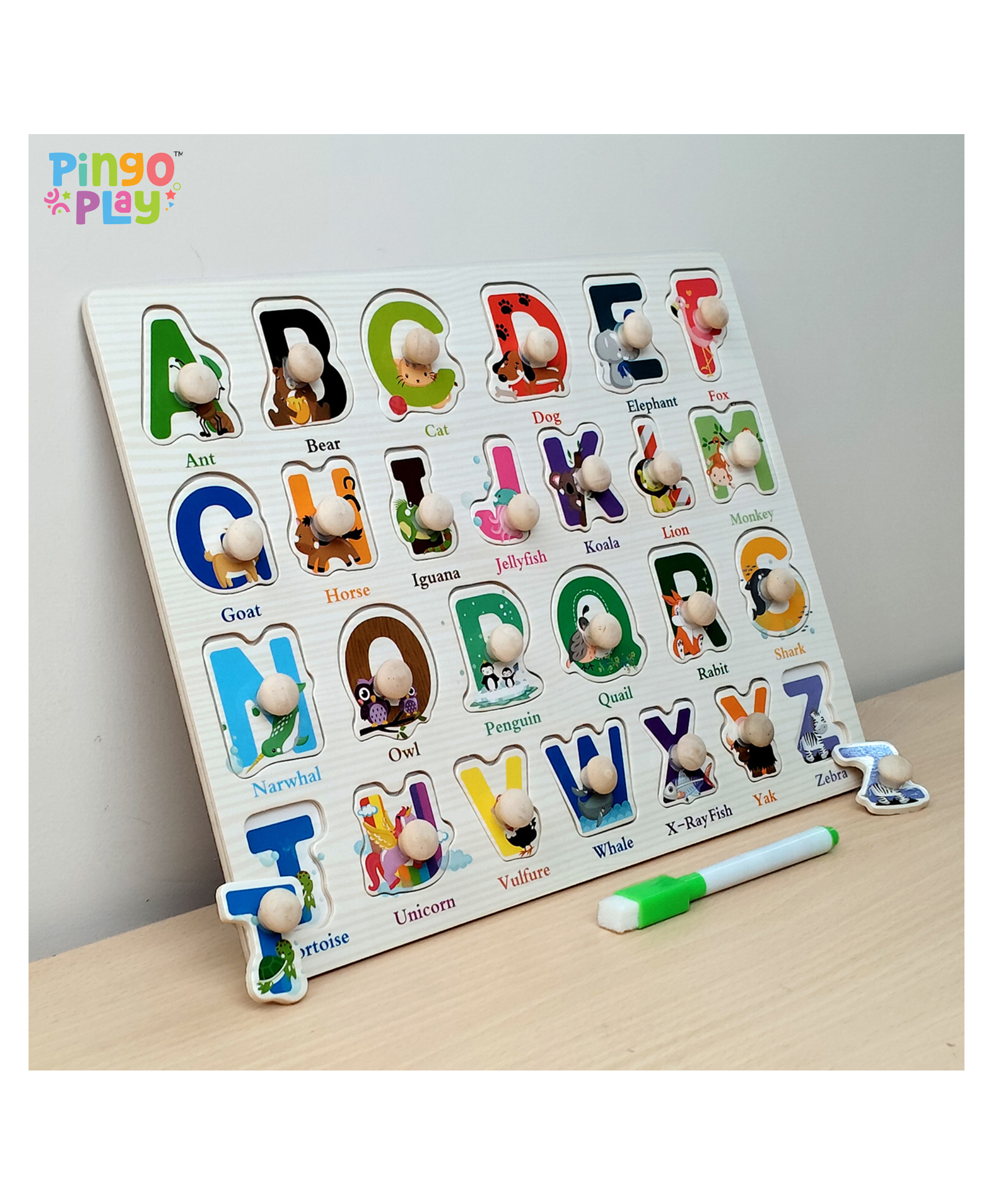 Pingo Play Premium Wooden Alphabet Knob Puzzle Board with Whiteboard and Marker (A-Z) For 2 Years+-image-39