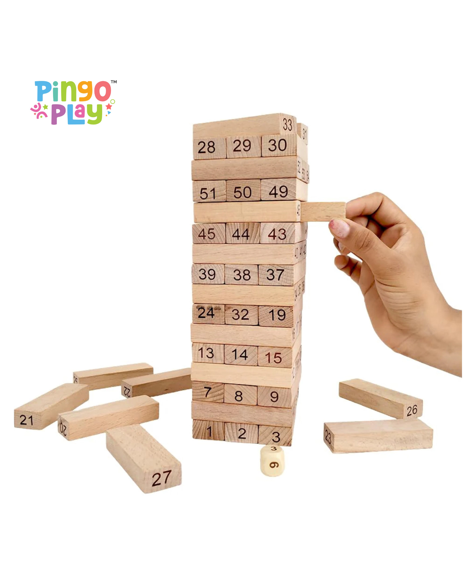 Pingo Play Premium Wooden Number Tumbling Tower Game (54 Blocks + 4 Dice) for 3 years+-picture-26