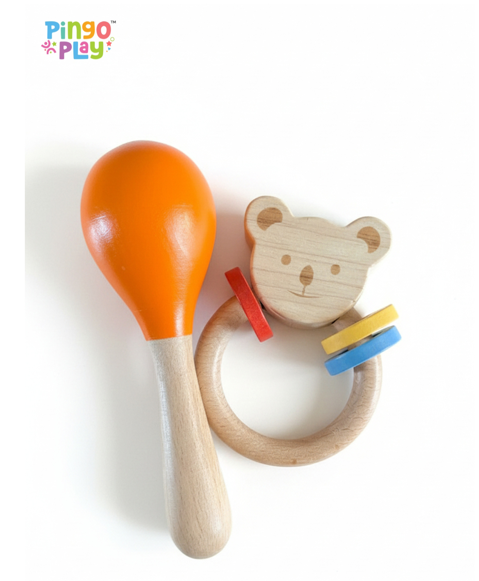 Pingo Play Premium Wooden Maracas (Any color) + Wooden Rattle Combo | Natural Beech Wood for Infants (3 months+)-image-22