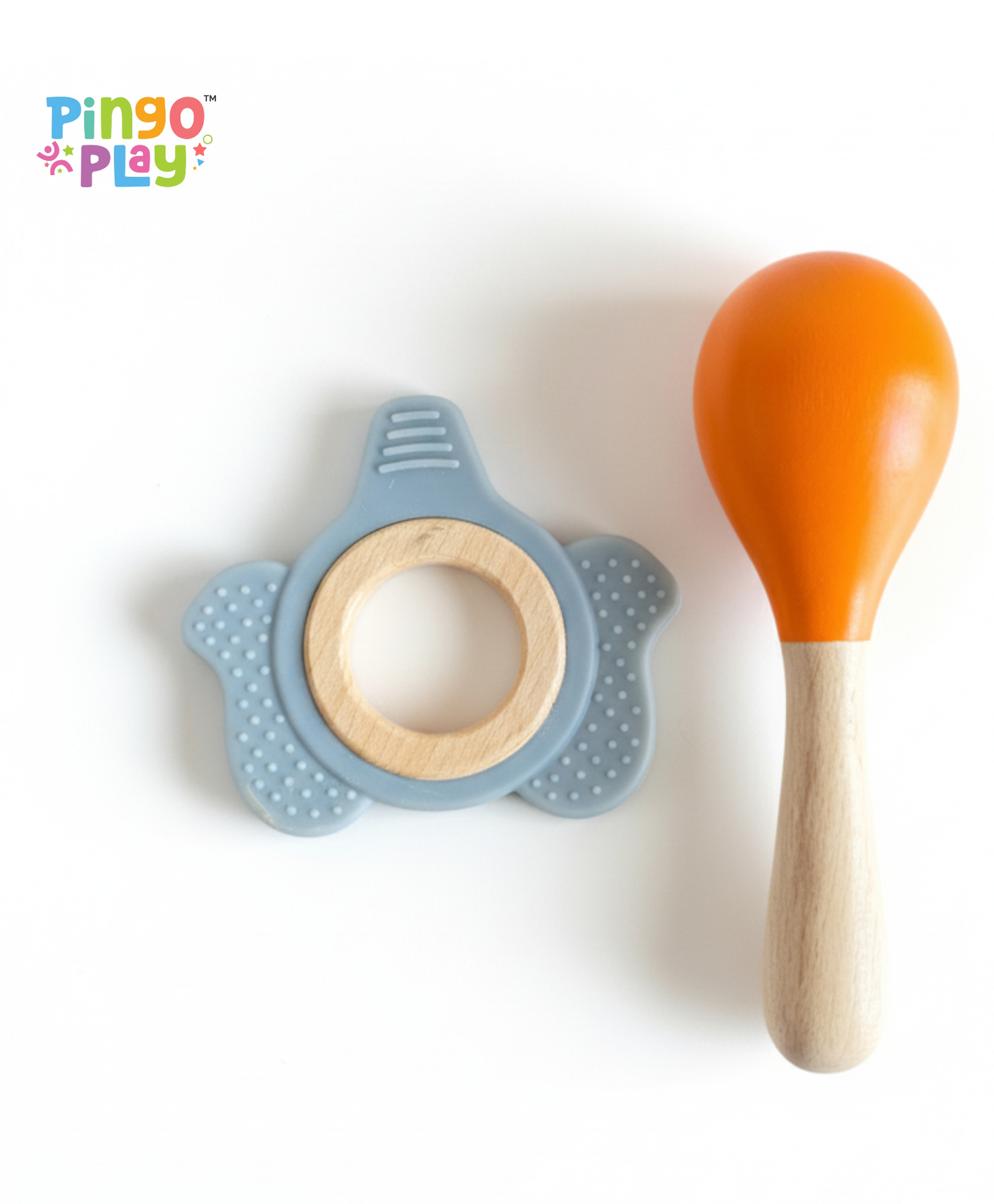 Pingo Play Premium Silicone Teether With Wooden Ring + Wooden Maracas Combo | BPA-Free, Non-Toxic Beech Wood Teether for 3+ Months-image-2