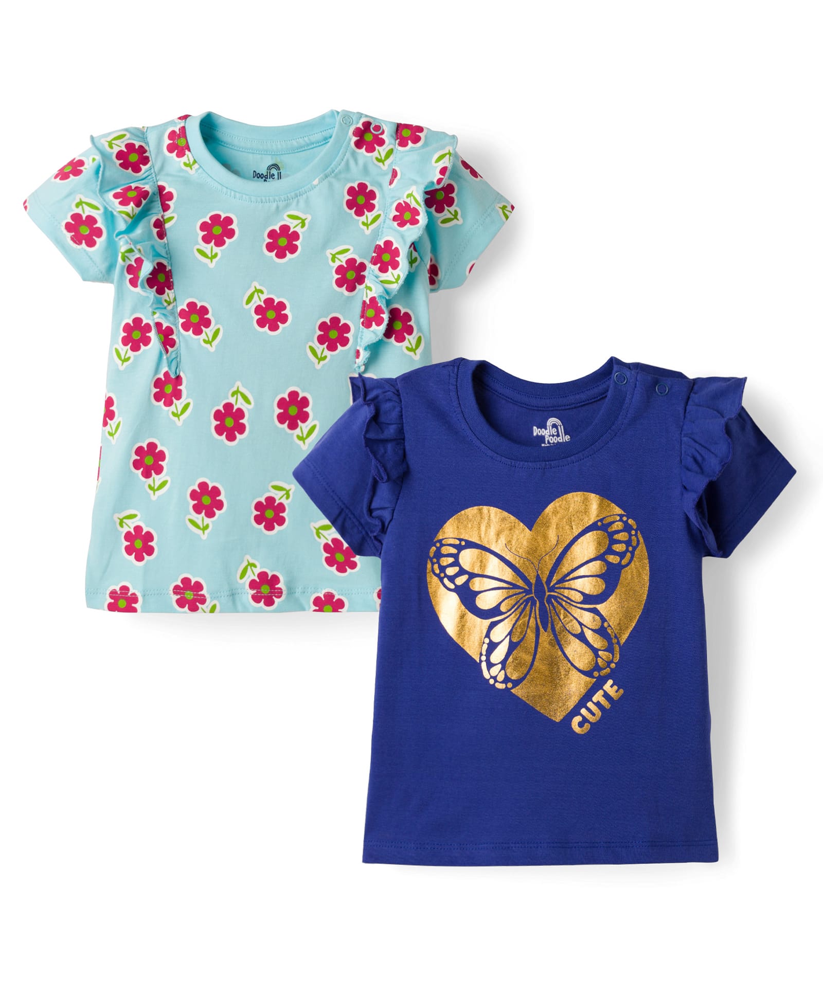 Doodle Poodle 100% Cotton Knit Half Sleeves Tops With Floral & Butterfly Print Pack of 2 - Aqua & Navy Blue-image-25