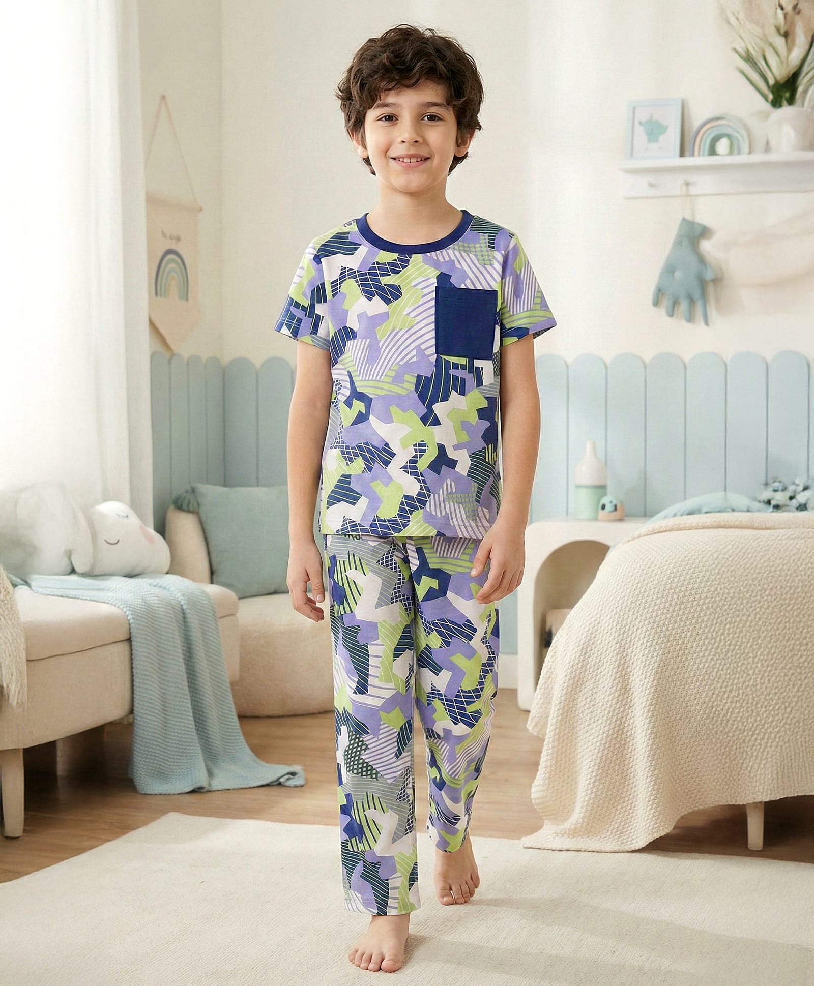 Pine Kids Single Jersey Knit Half Sleeves Co-ords Printed Night Suit - White & Blue-image-48