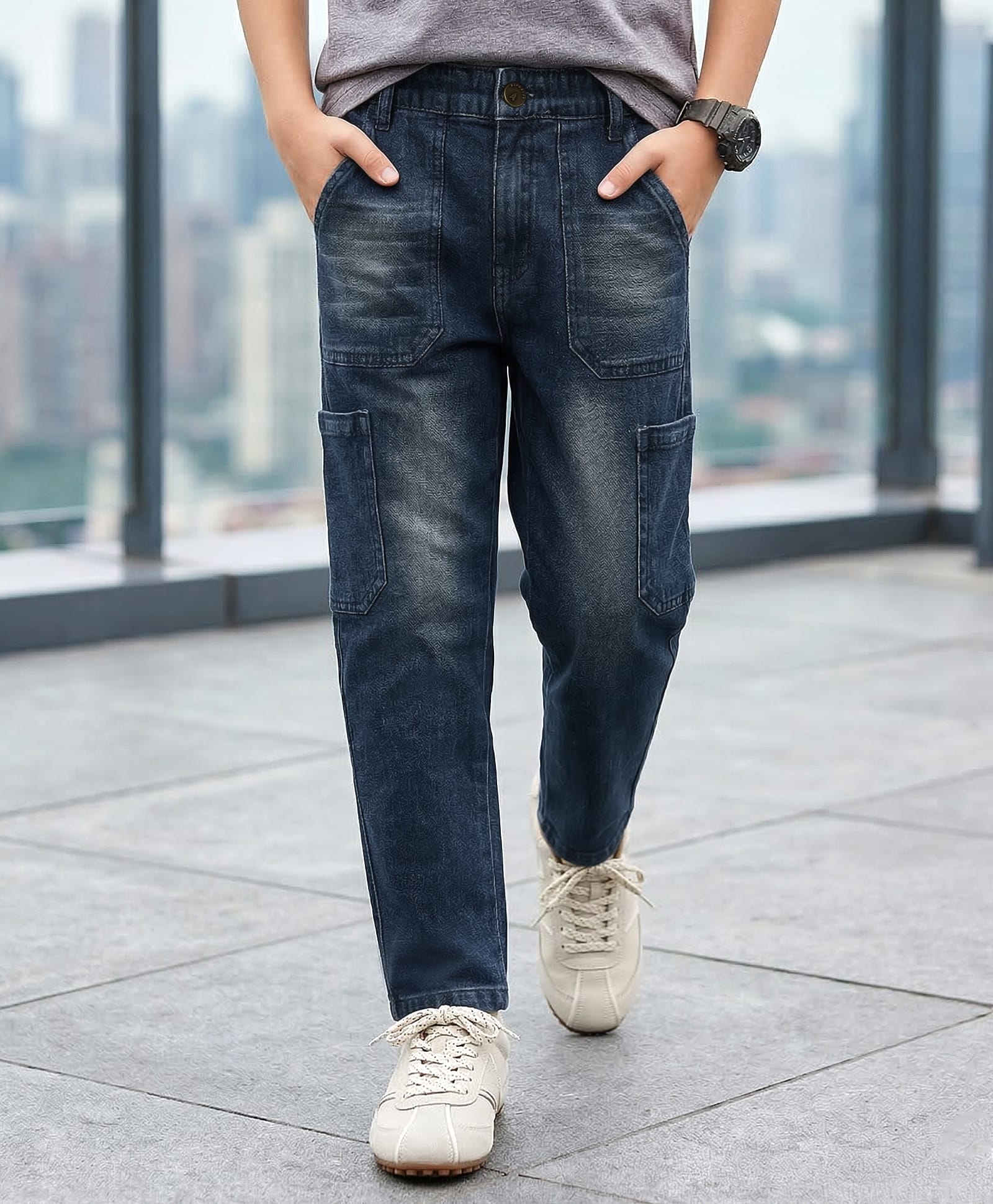 Pine Kids Denim Woven Full Length Washed Jeans - Navy Blue-picture-11