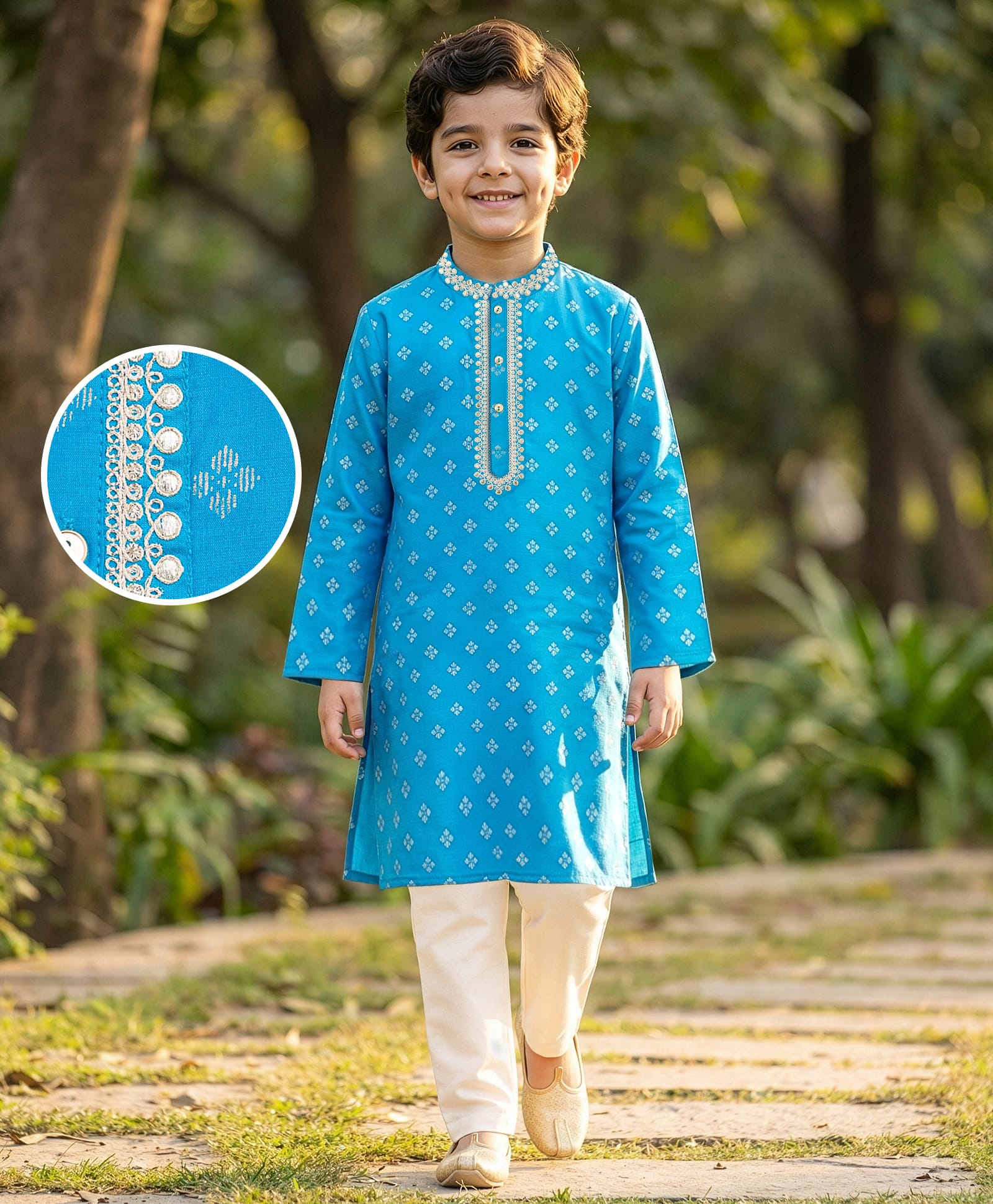 EARTHY TOUCH Woven Full Sleeves Floral Printed Kurta & Pyjama Set - Blue-picture-24