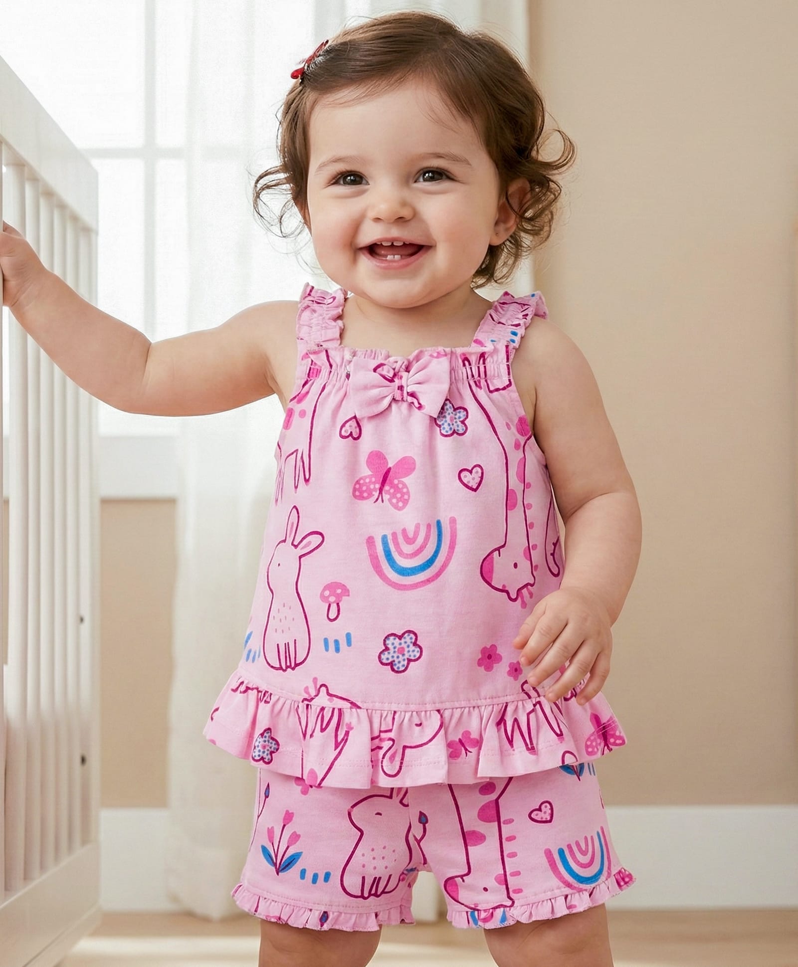 Babyoye Single Jersey Knit Sleeveless Shorts Co-ord Night Suit With Animal & Rainbow Print - Light Pink-image-49