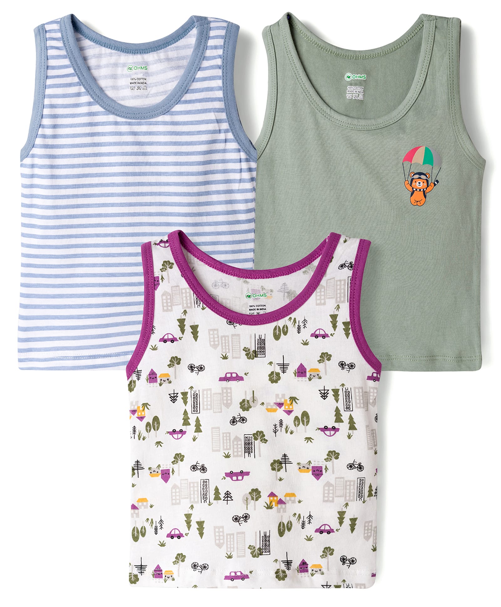 OHMS Single Jersey Knit Sleeveless Vests with City Print & Stripes Pack of 3 - Multicolor-image-47