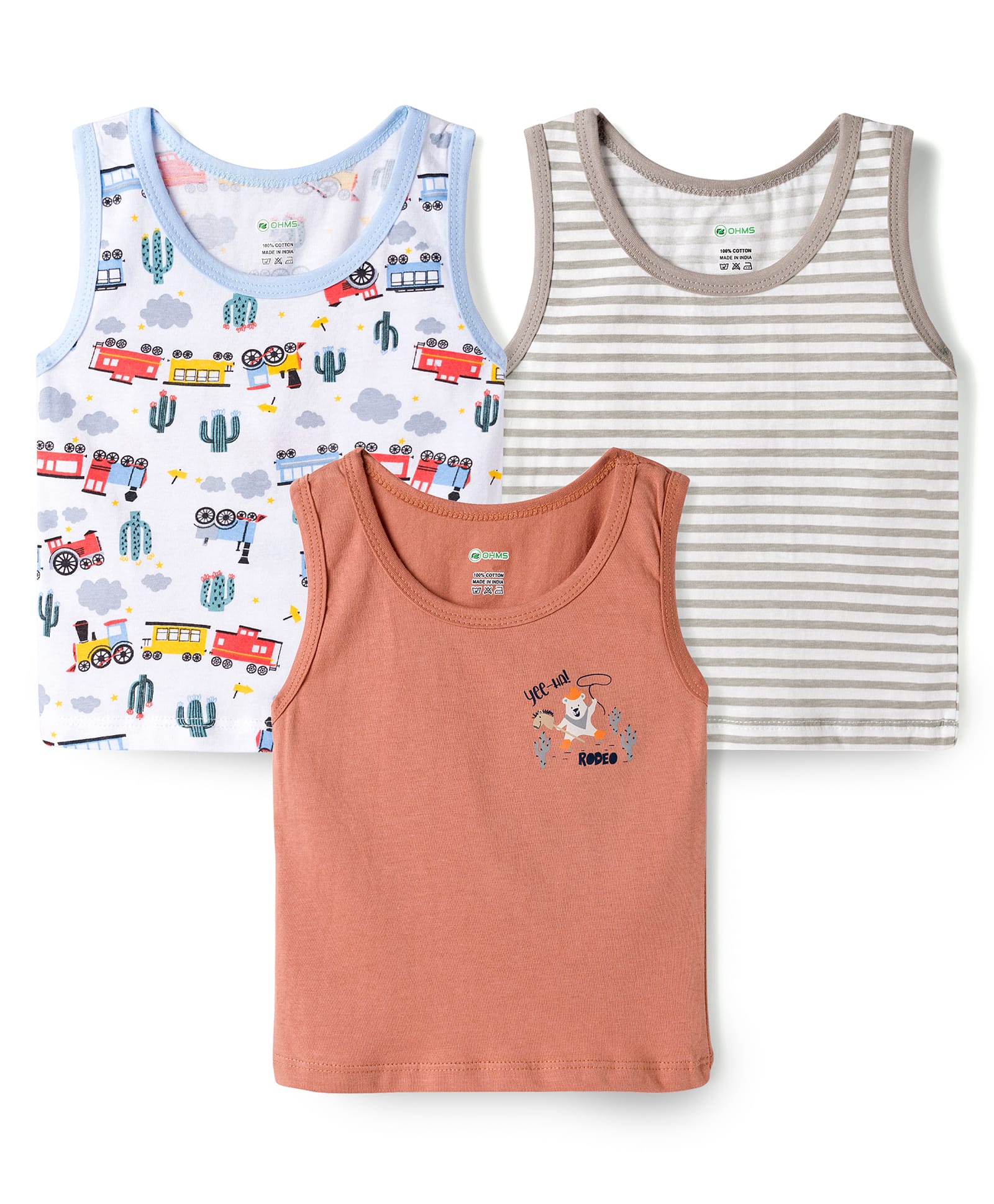 OHMS Single Jersey Knit Sleeveless Striped & Train Printed Vest Pack of 3 - White-image-17