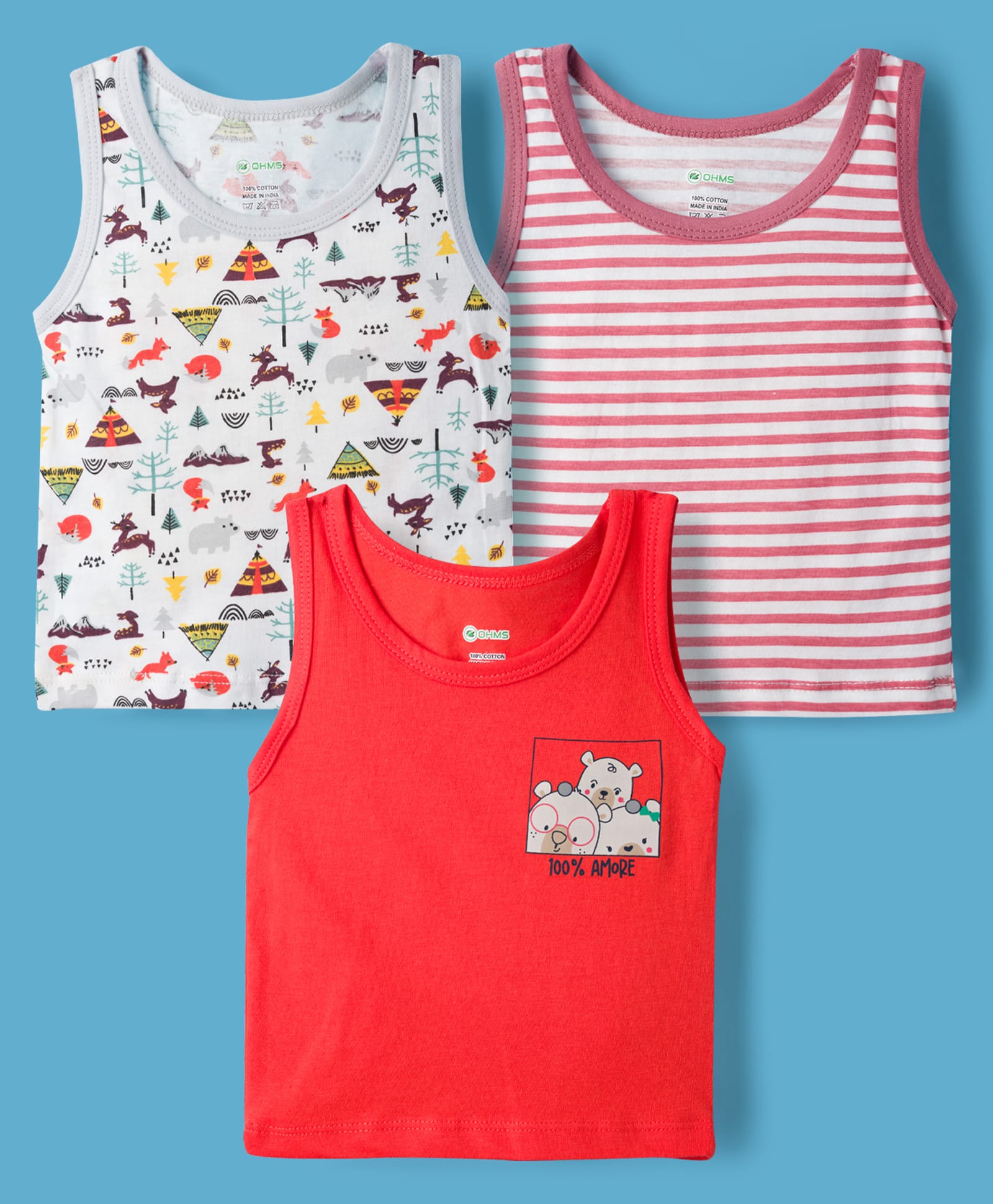 OHMS Single Jersey Knit Sleeveless Striped & Animal Printed Vest Pack of 3 - Red-picture-34