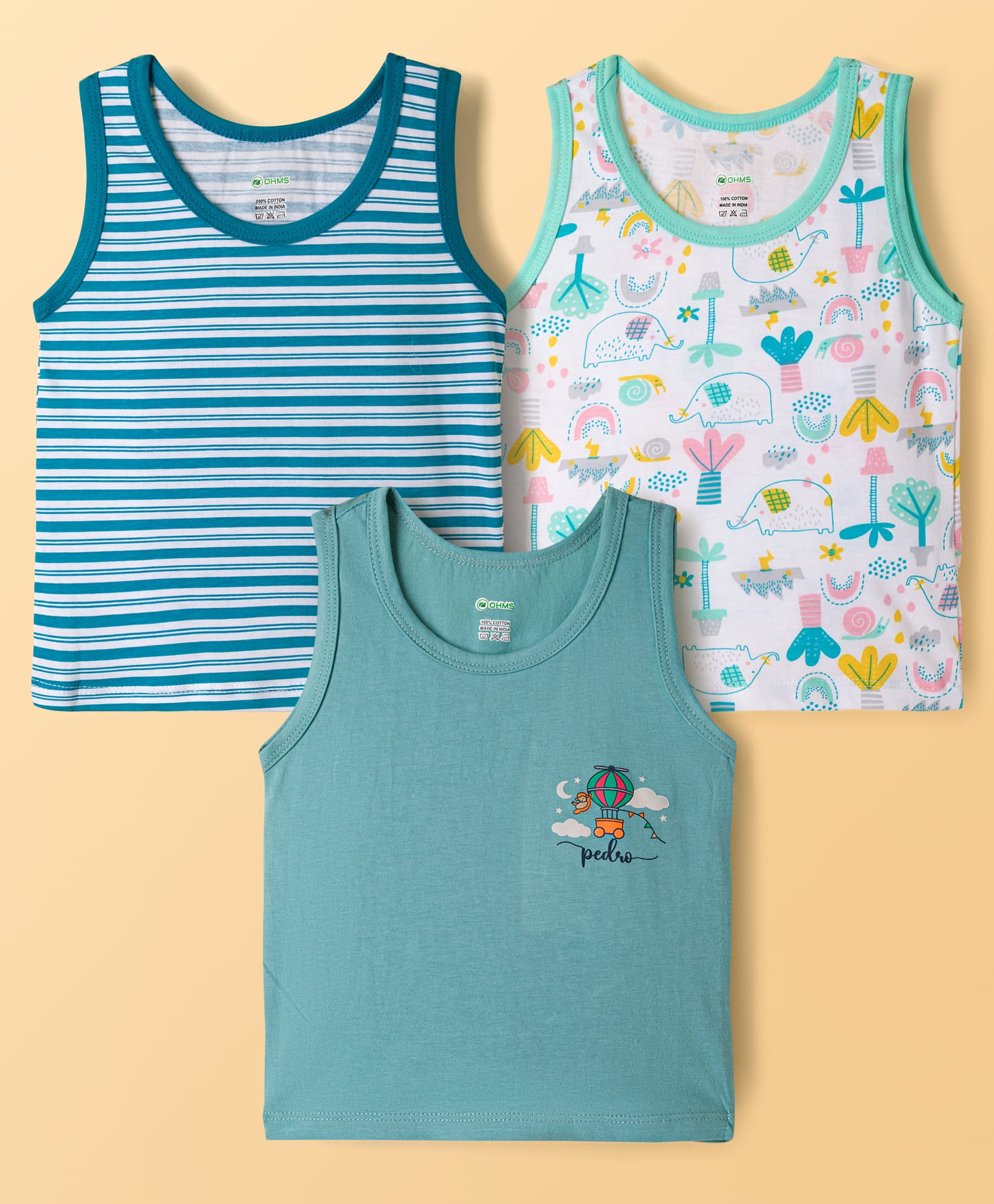 OHMS Single Jersey Knit Sleeveless Striped & Elephant Printed Vest Pack of 3 - Turquoise-image-18