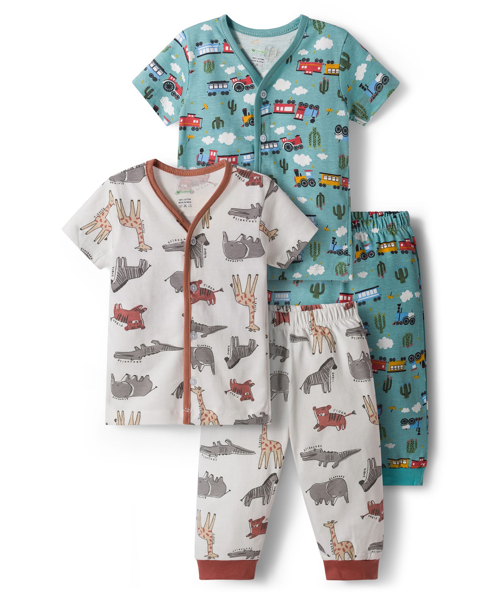OHMS Single Jersey Knit Half Sleeves T-Shirt & Lounge Pant Night Suit With Jungle Theme Print Pack Of 2 - Teal Blue & White-image-28