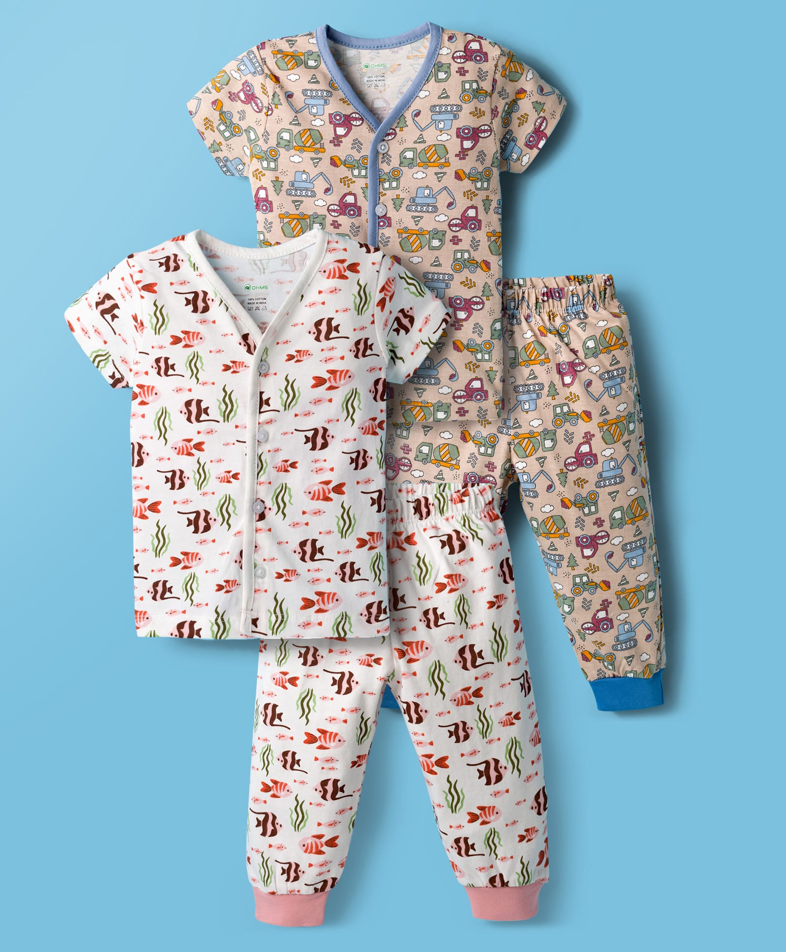OHMS Single Jersey Knit Half Sleeves T-Shirts & Pyjamas Co-ord Night Suits With Sea Life & Construction Vehicles Print Pack of 2 - Multicolor-image-43