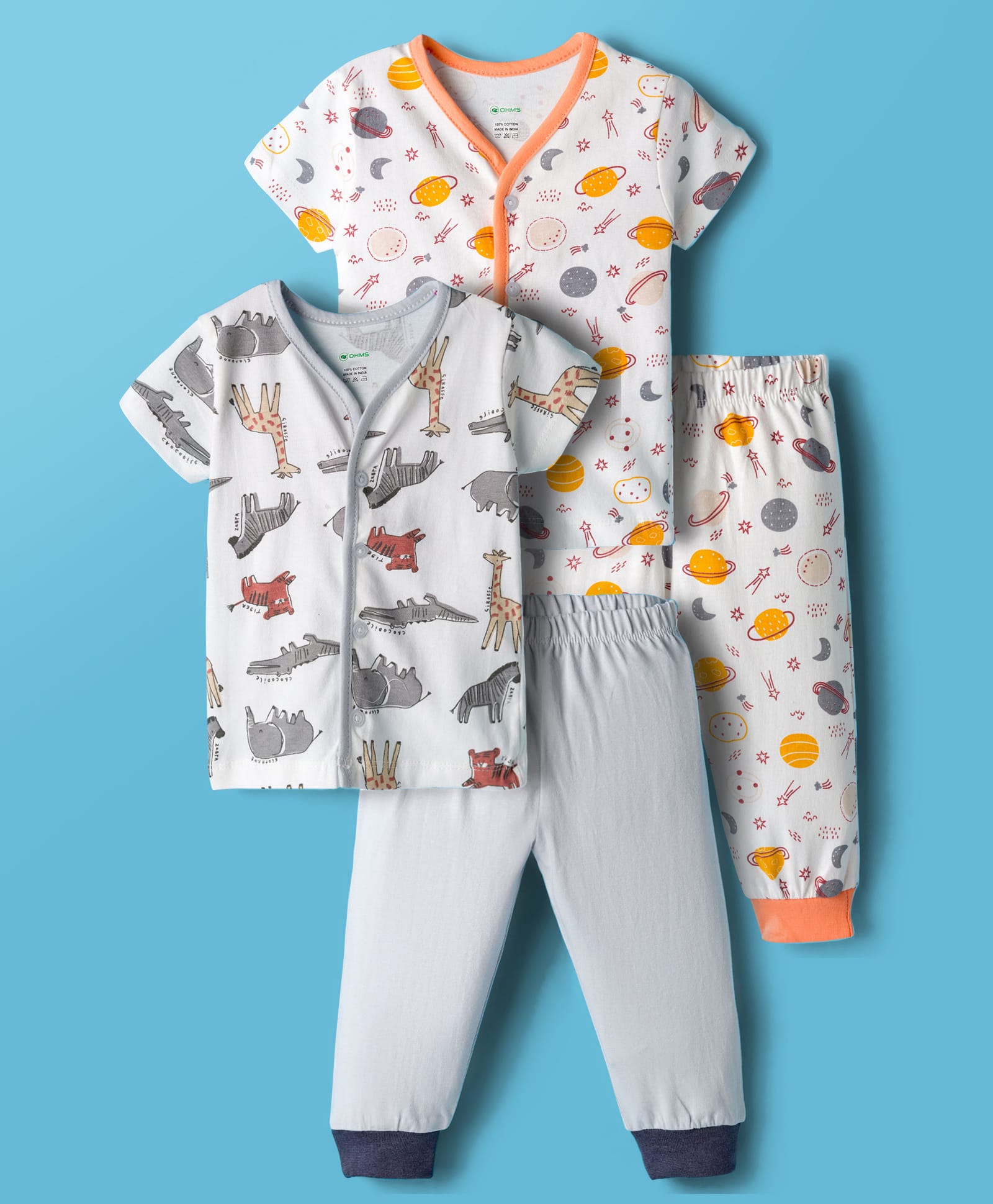 OHMS Single Jersey Knit Half Sleeves T-Shirts & Pyjamas Co-ord Night Suits With Animal & Space Theme Print Pack of 2 - Multicolor-image-40