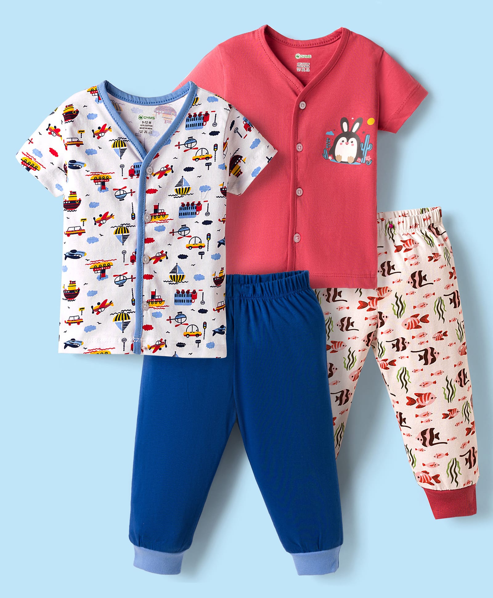 OHMS Single Jersey Knit Half Sleeves T-Shirts & Pyjamas Night Suits With Sea Animals & Nautical Theme Print Pack of 2 - Multicolor-image-45