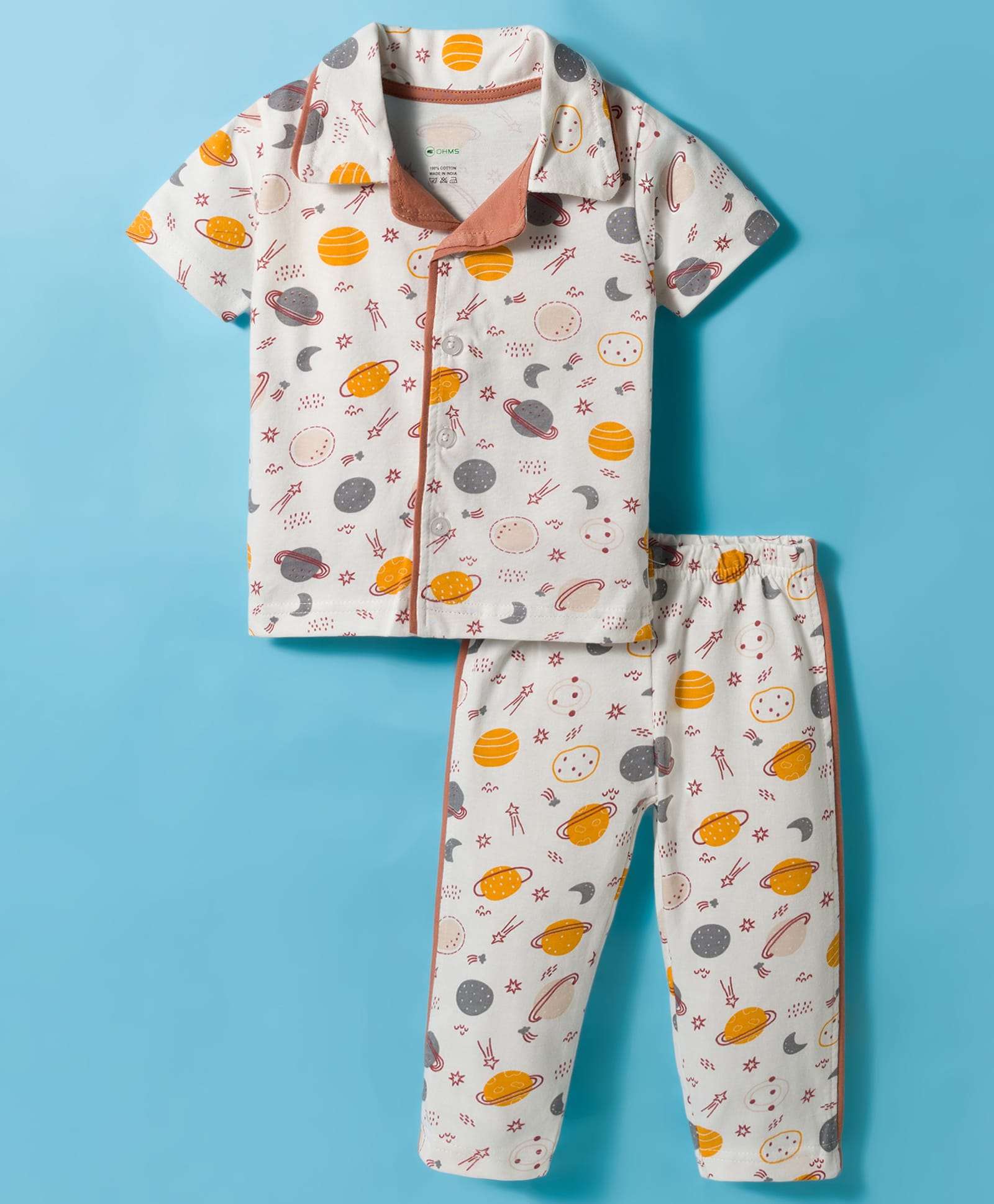 OHMS Single Jersey Knit Half Sleeves Shirt & Pajama Night Suit With Space Theme Print - White-image-17