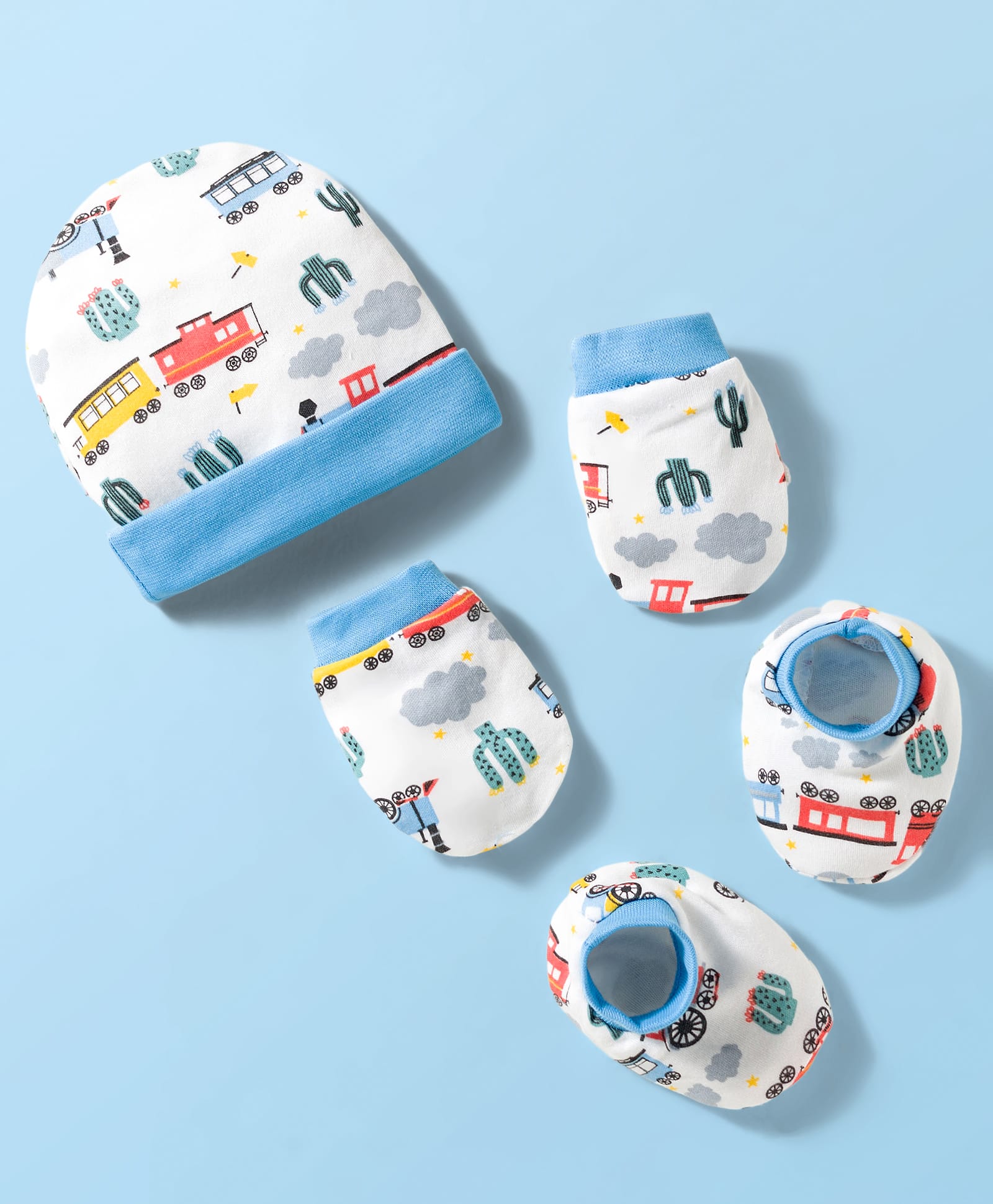 OHMS Interlock Knit Cap Mittens & Booties With Train Print White - Diameter 10 cm-image-8