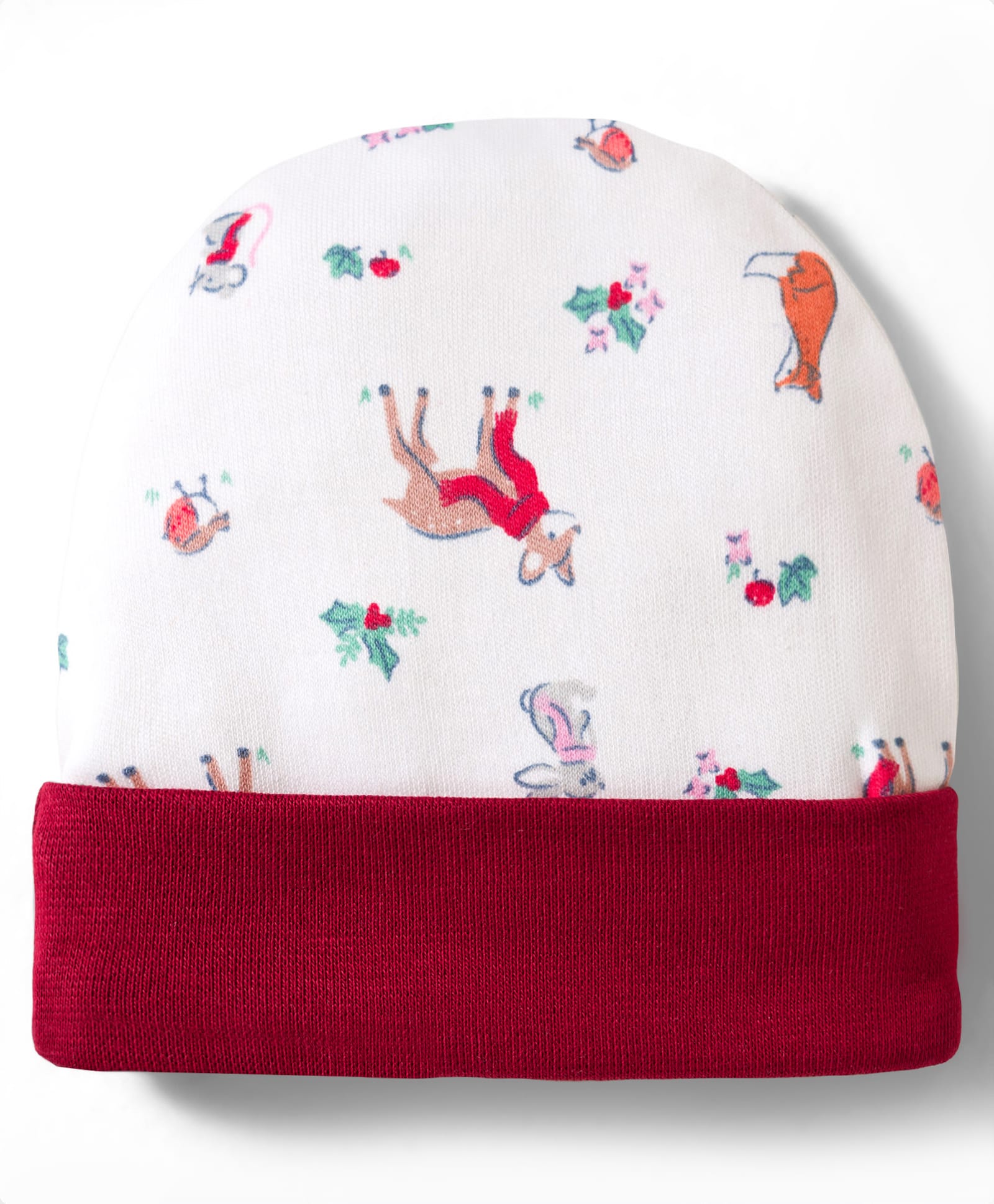 ohms interlock knit baby cap with deer print dark red - diameter 14 cm