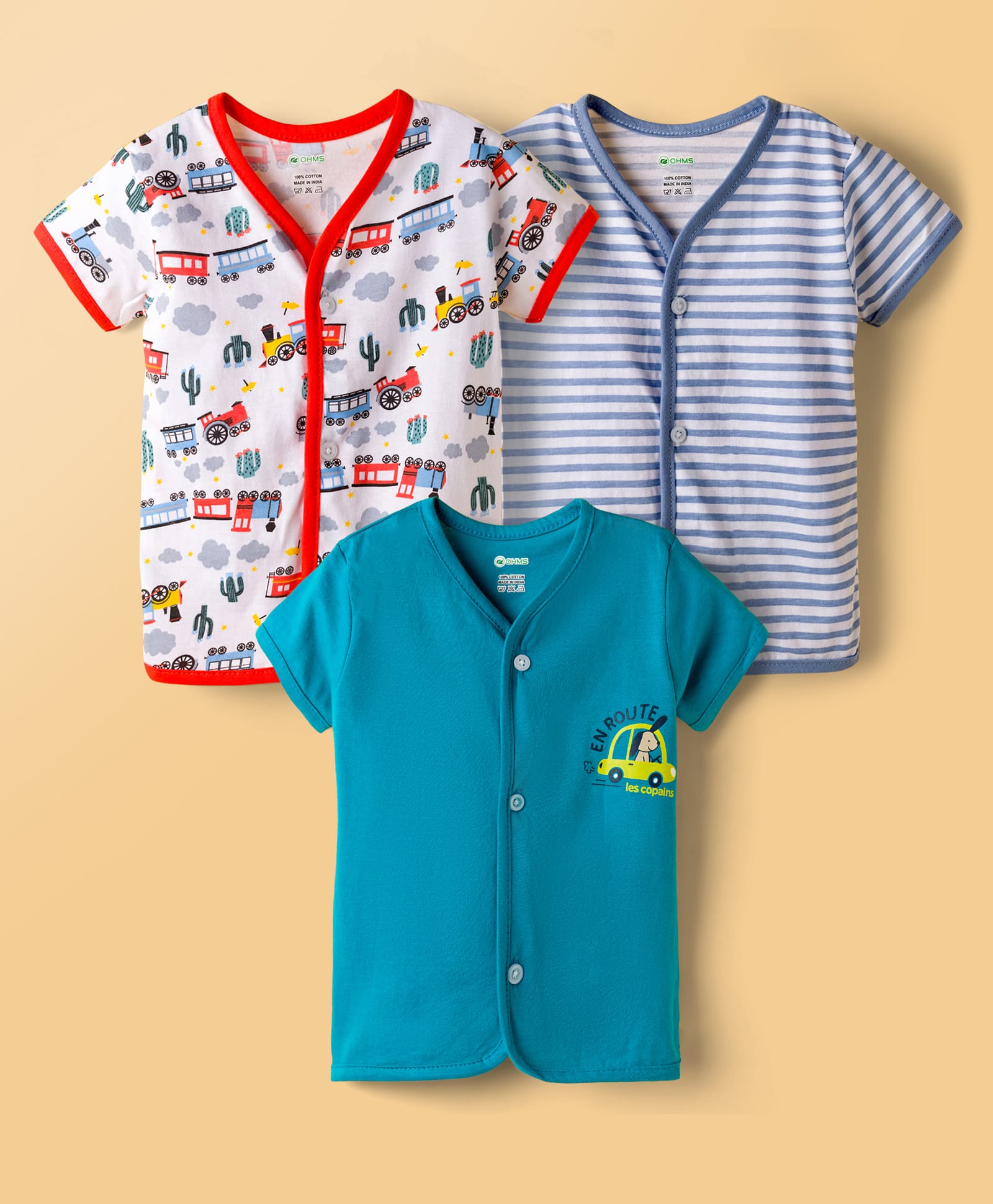 OHMS Single Jersey Knit Half Sleeves Jhablas With Vehicle Print Pack Of 3 - White Light Blue & Teal Blue-image-12