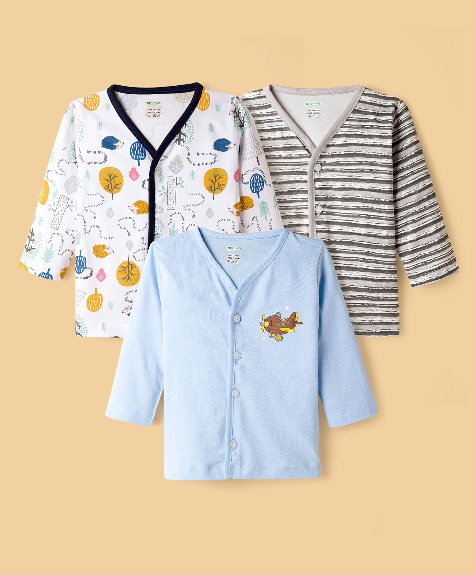 OHMS Single Jersey Knit Full Sleeves Jhablas Striped & Porcupine Print Pack of 3 - White & Light Blue-picture-15