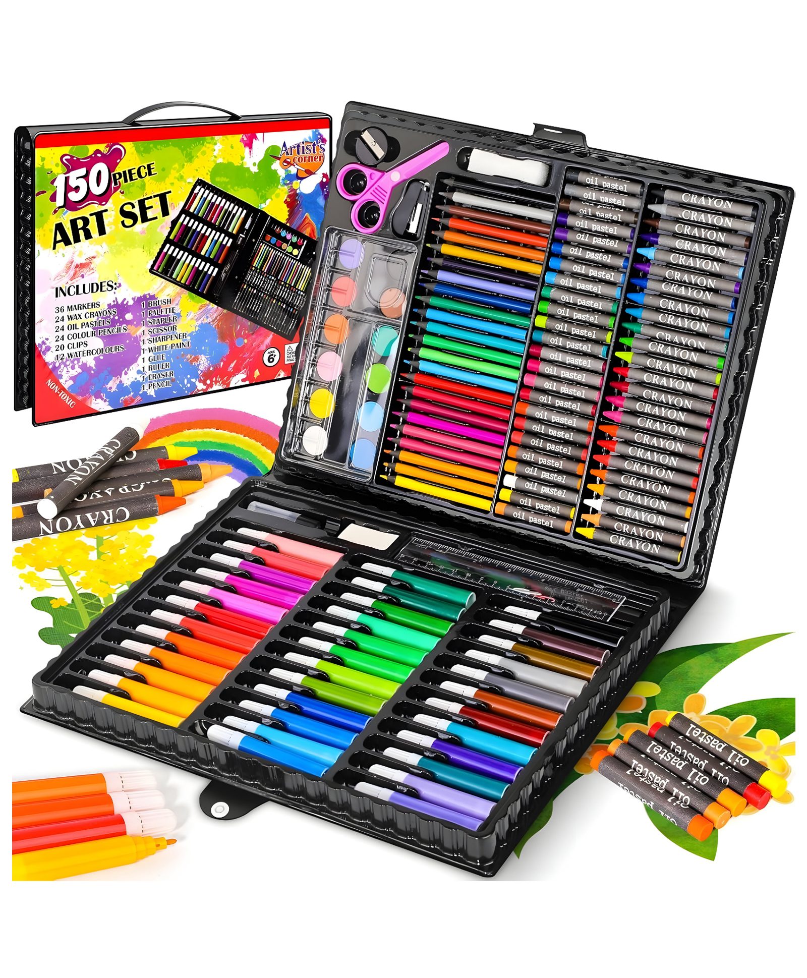 SCHOOLISH 150Pcs Painting Drawing Kit for Kids, Color Set for Kids Art Supplies Art Set Colouring Kit with Crayons Colored Pencils Acrylic Paint Mega Oil Pastels For Kids Pack of 1 - Color May Vary-image-3