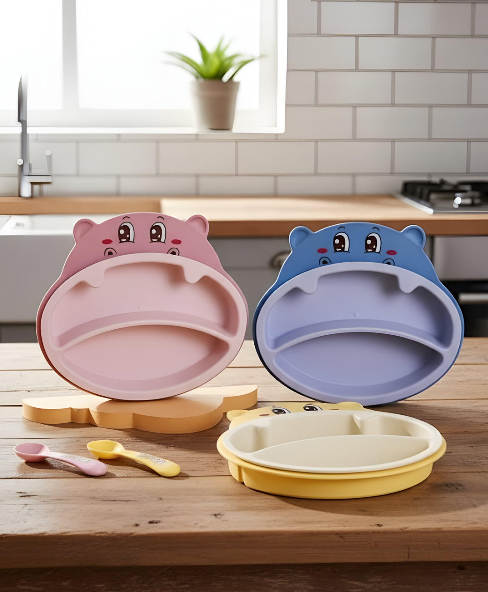 SCHOOLISH Eco-Friendly Plastic Food Grade Baby Feedings Dinnerware Sets Plate Fork Spoon for Kids Cartoon Children's Tableware Pack of 1 - Color May Vary-image-16