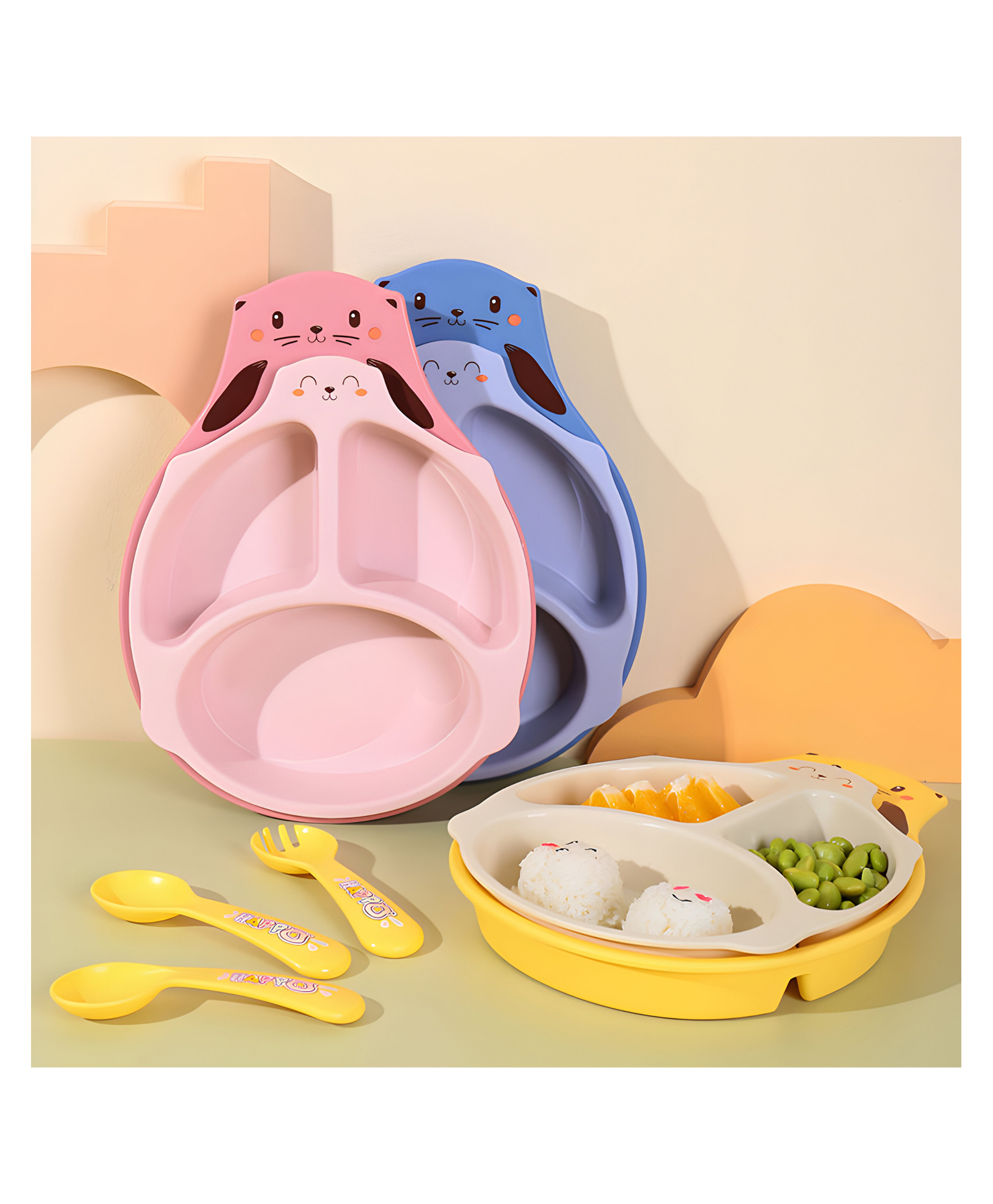 SCHOOLISH Tableware Set Divided Baby Plates|Tableware Set for Kids| Toxin-Free, Food Grade and BPA Free| Attractive Spoon and Fork Pack of 1 - Color May Vary-image-1
