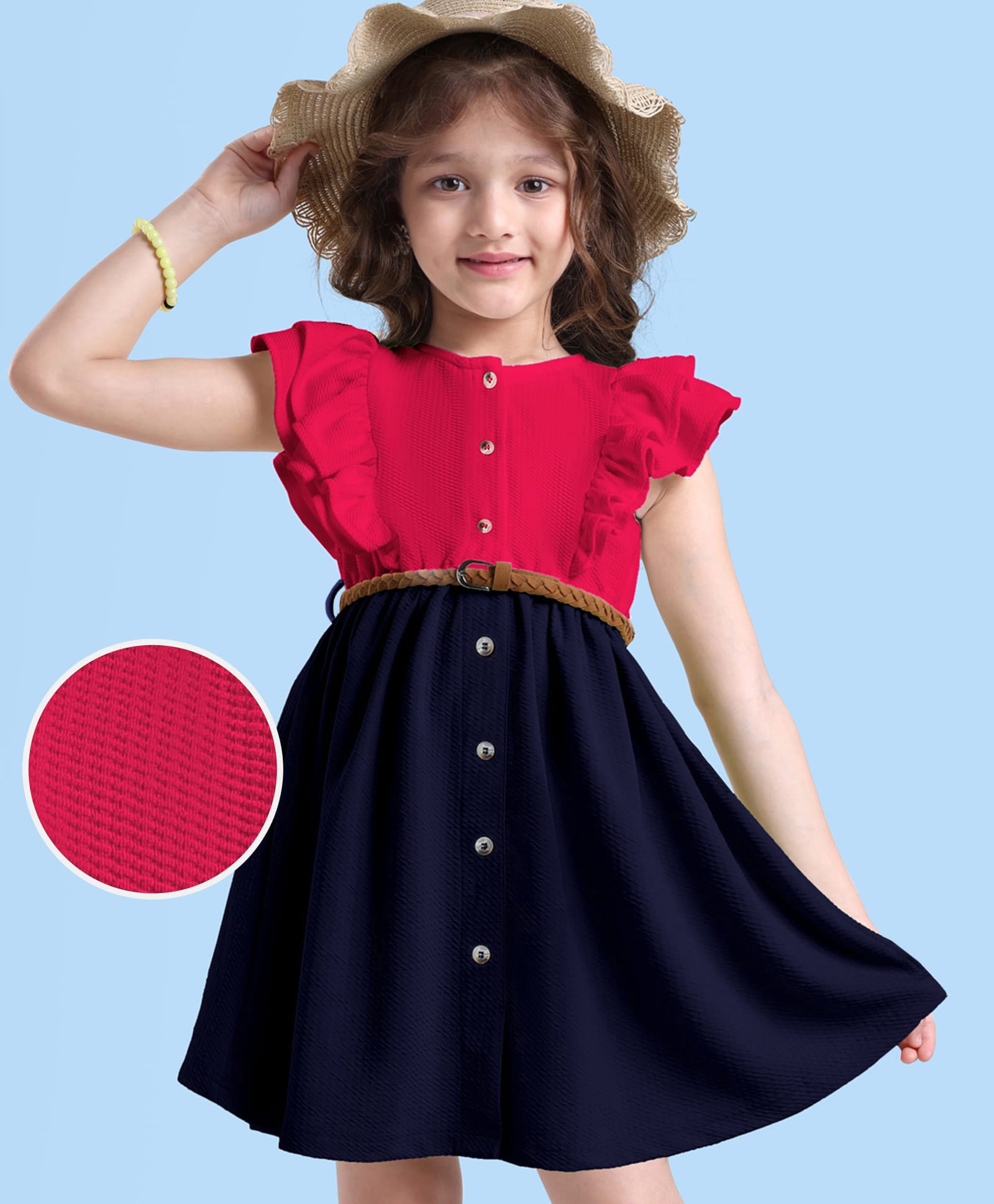 Hola Bonita Knit Sleeveless Solid Dress With Belt & Frill Detailing - Dark Pink & Navy Blue-image-35