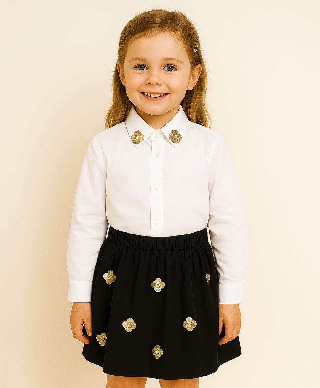 ZIP ZAP ZOOP Cotton Woven Full Sleeves Golden Flower Embellished Shirt & Skirt Set - White & Black-picture-20