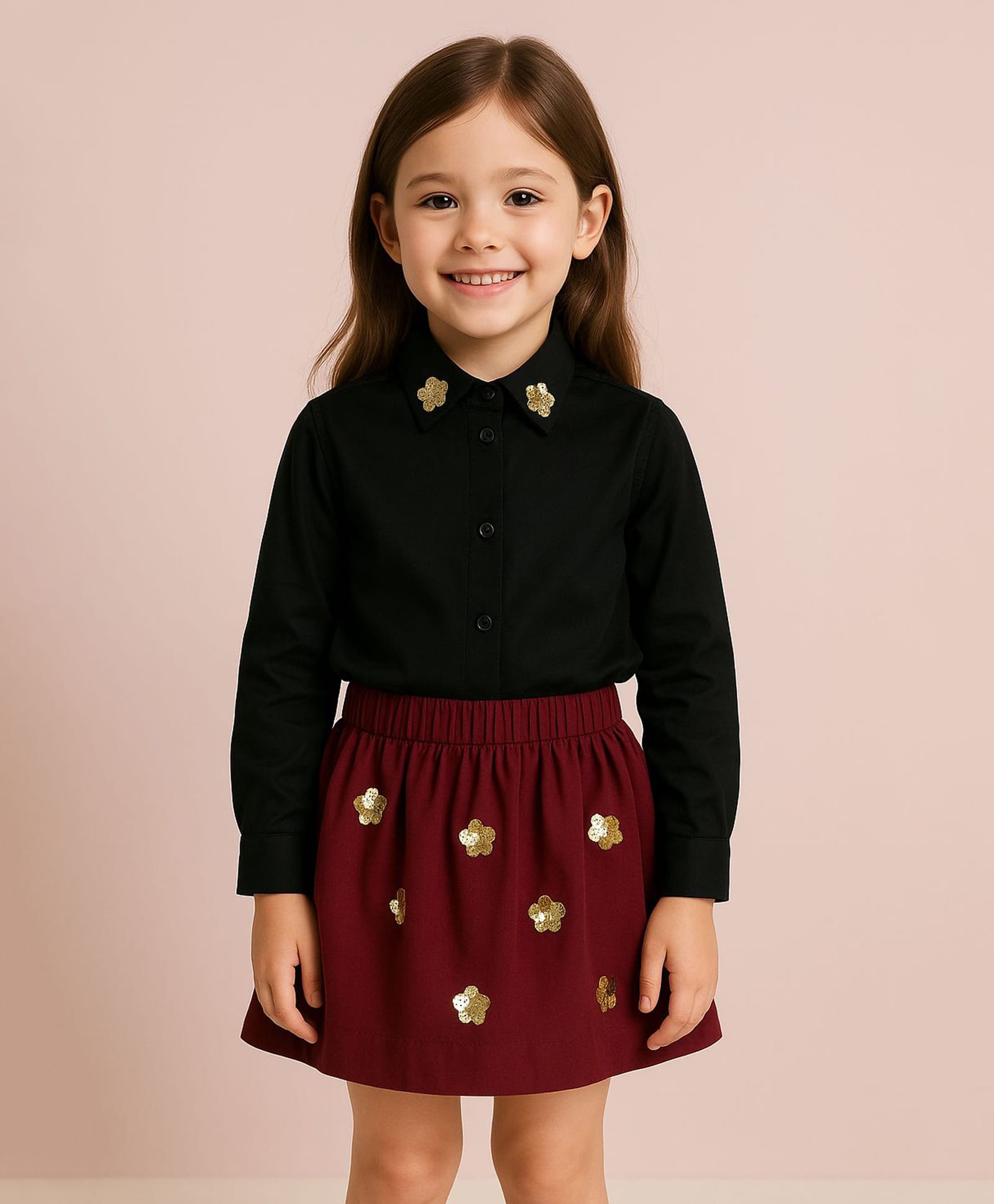 ZIP ZAP ZOOP Cotton Woven Full Sleeves Floral Applique Detailed Shirt Style Top With Skirt Set - Black & Maroon-picture-38