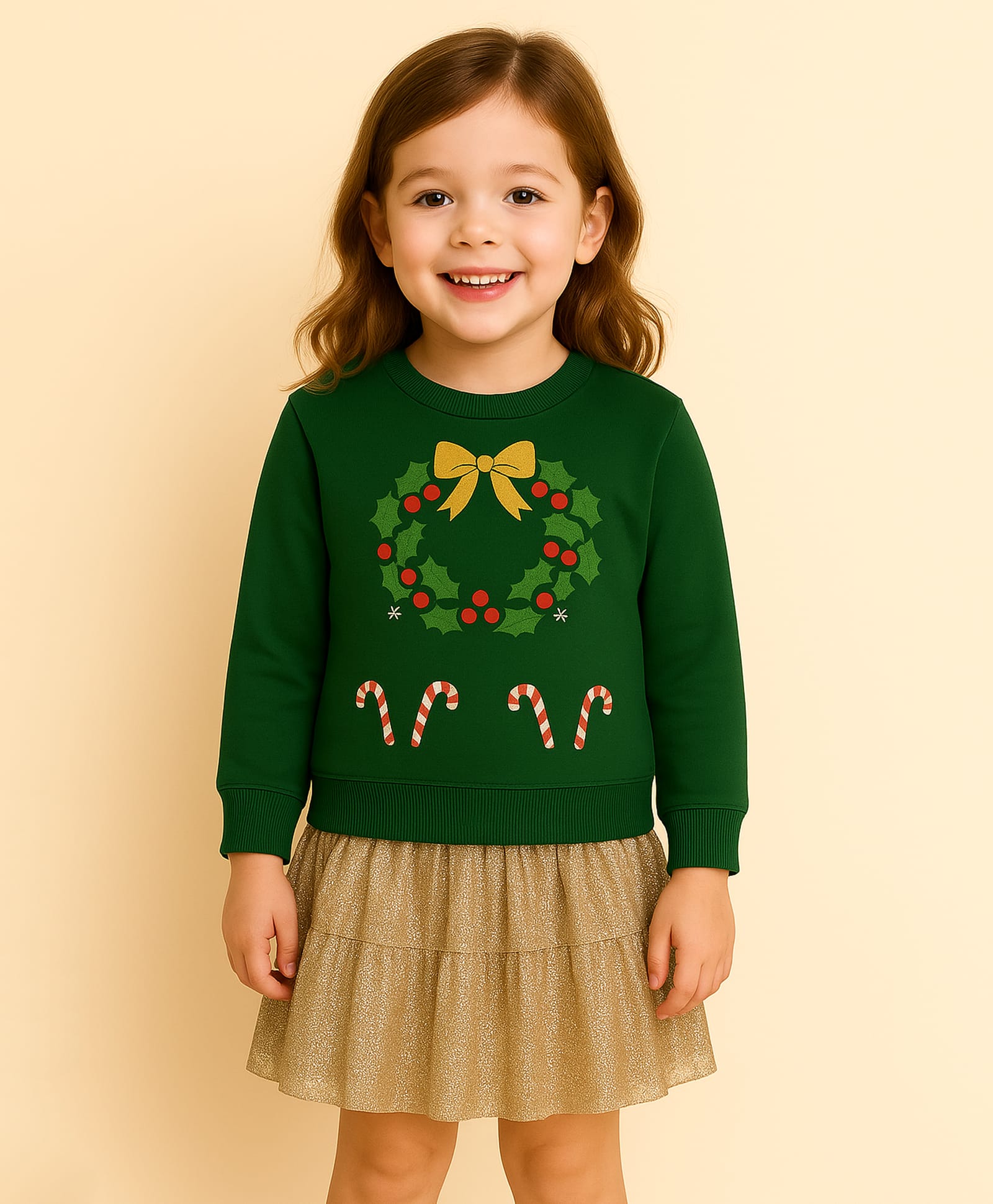 ZIP ZAP ZOOP Cotton Knit Full Sleeves Candies & Wreath Printed Top & Skirt Set - Green & Golden-image-12