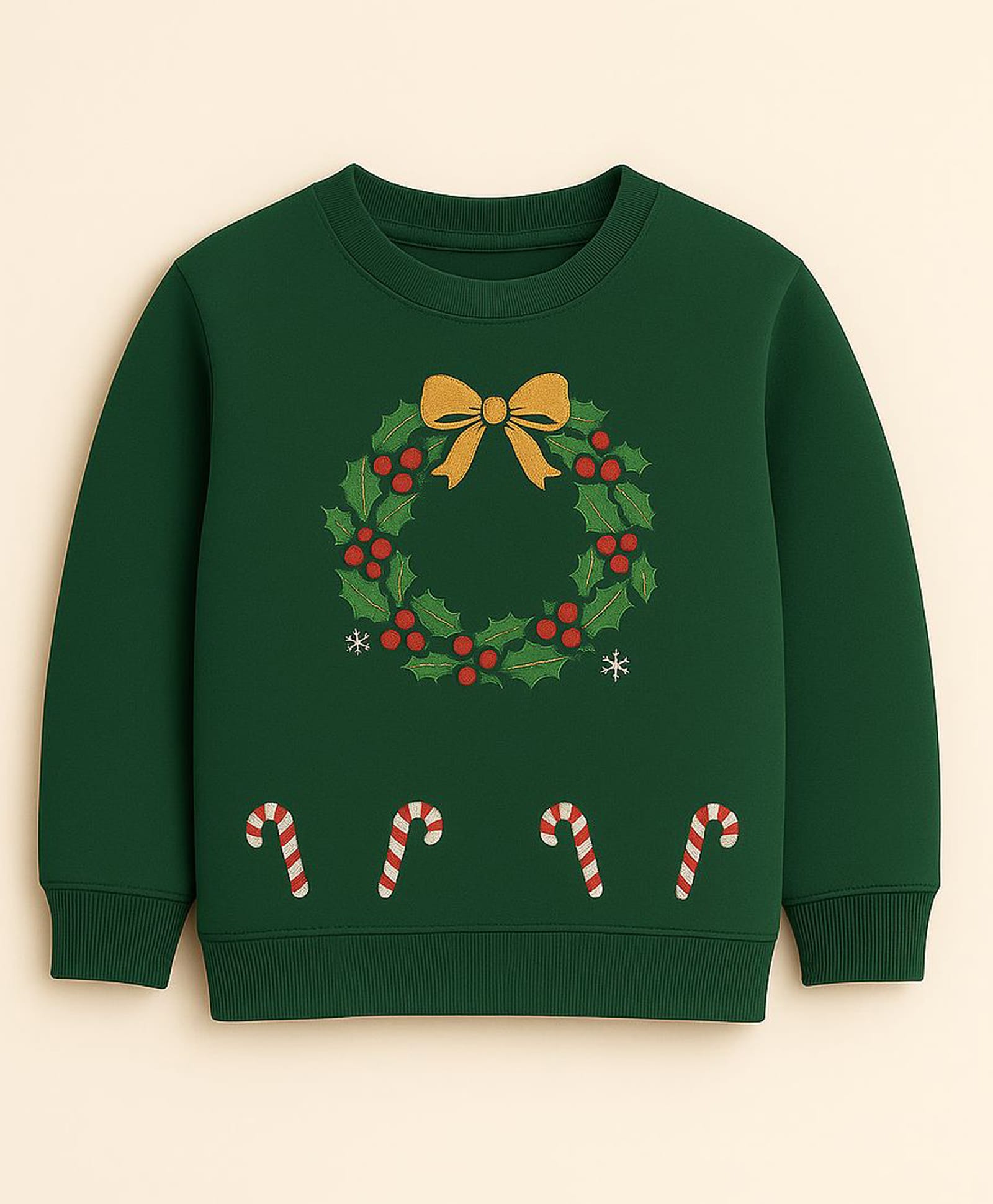 ZIP ZAP ZOOP Cotton Knit Christmas Theme Full Sleeves Christmas Wreath & Candies Embroidered Sweatshirt - Green-picture-47