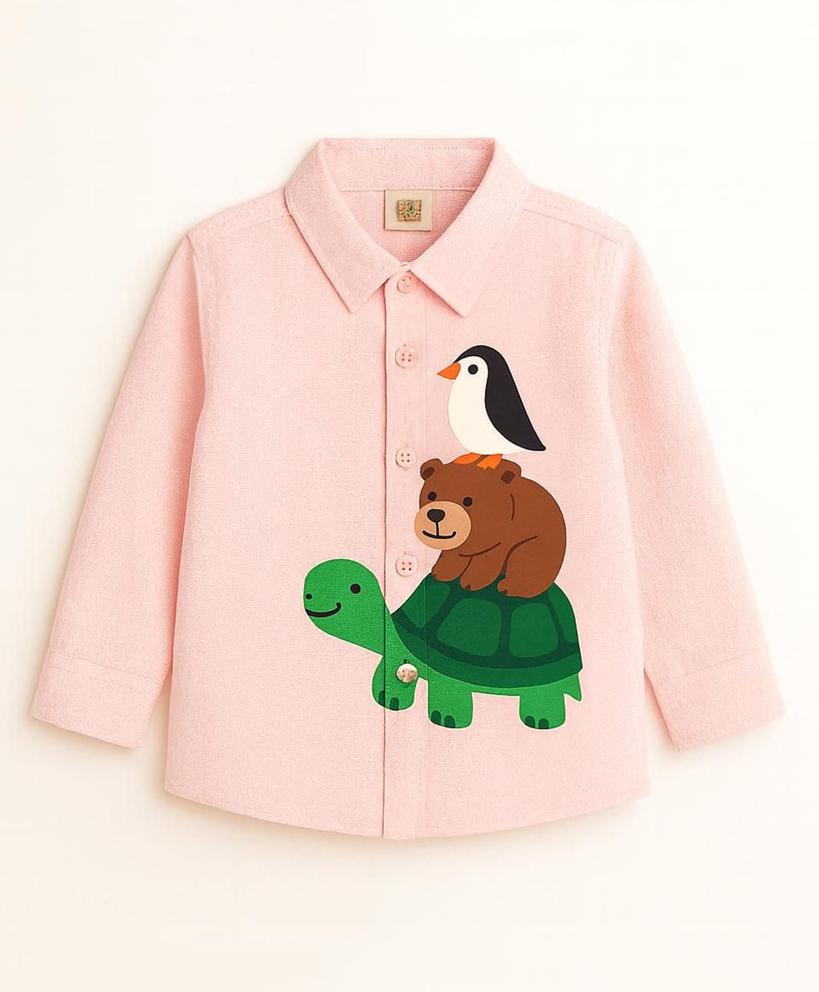 ZIP ZAP ZOOP Cotton Woven Full Sleeves Tortoise Bear & Penguin Printed Shirt - Pink-picture-24