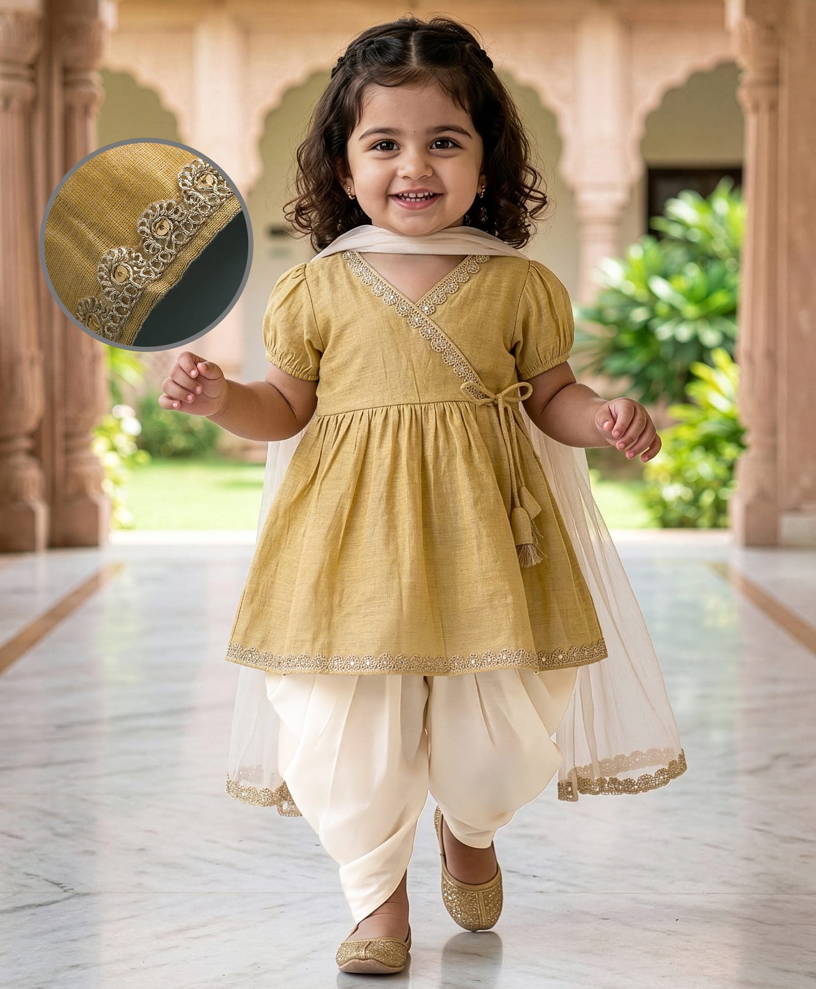 EARTHY TOUCH Tissue Woven Half Sleeves Kurta Salwar Set With Sequin Detailing & Dupatta - Golden-image-13
