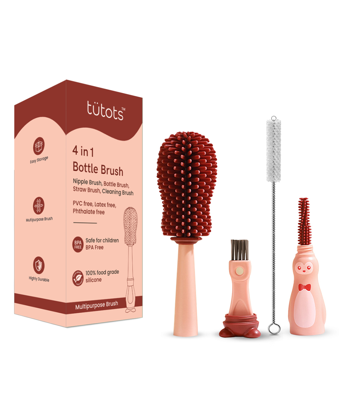 Tutots Baby Care 4 in 1 Silicone Bottle Cleaner Brush Set - Includes Nipple Straw, Lid & Bottle Brush - Efficient Baby Bottle Cleaning with Thick Bristles - Compact Baby Bottle Brush Set-image-36