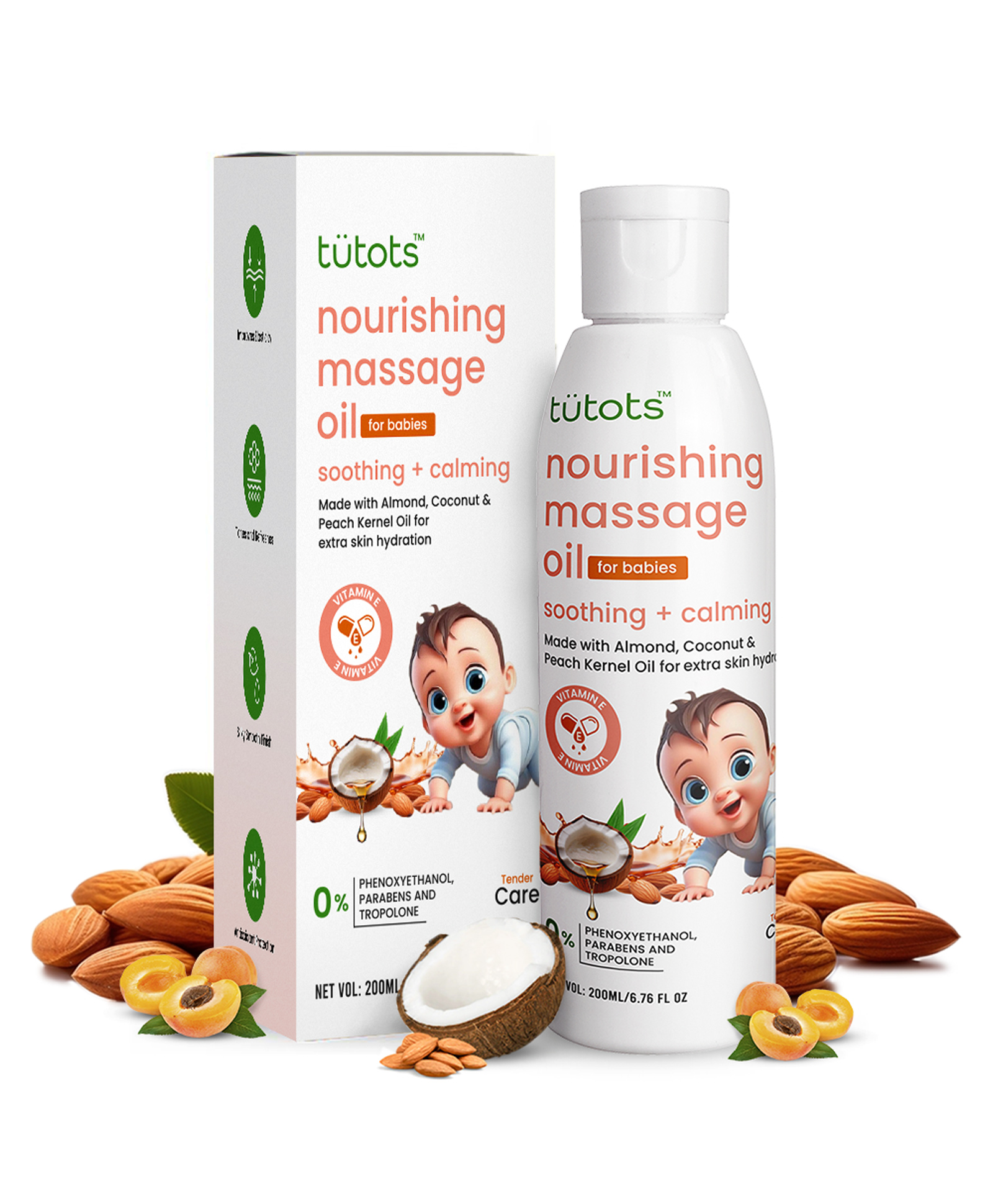 Tutots Baby Care Nourishing Baby Massage Oil 200 ml - Almond Oil Coconut Oil & Peach Kernel Oils - Vitamin E Enriched - Ideal Baby Oil - Gentle Hydration & Care - Softens & Protects Skin-image-0