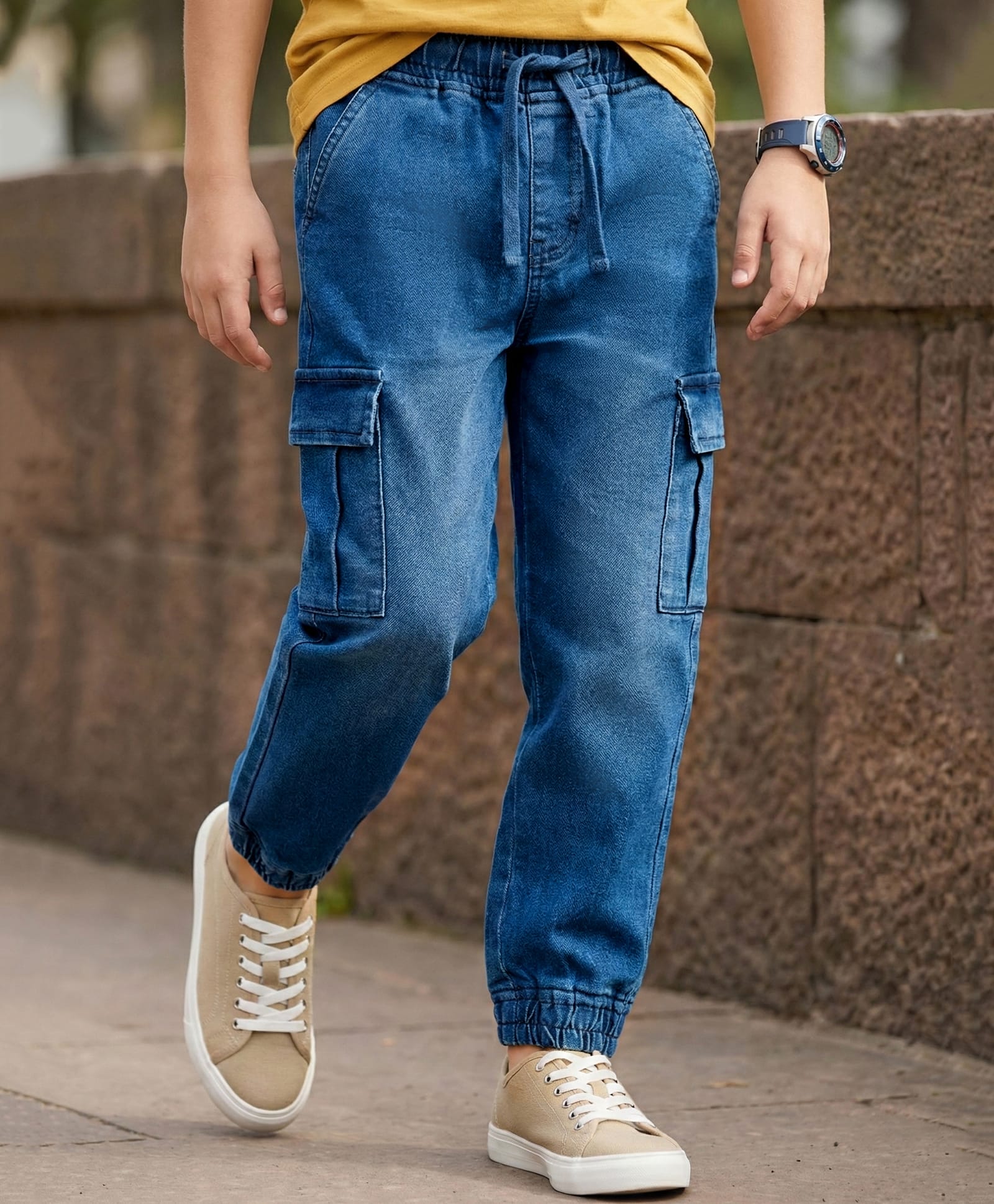 Pine Kids Denim Woven Full Length Solid Jeans with Cargo Pockets - Blue