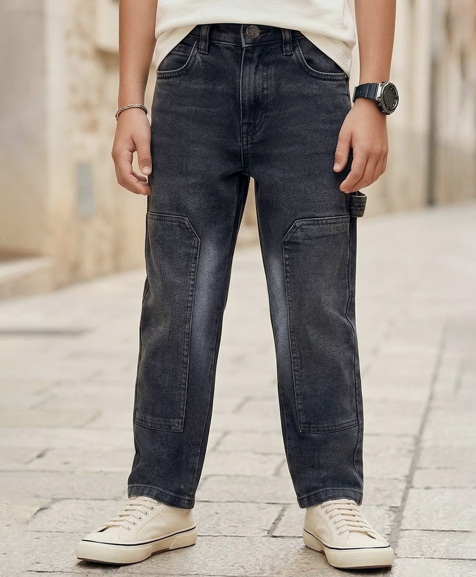 Pine Kids Denim Woven Full Length Washed Jeans - Black-picture-24