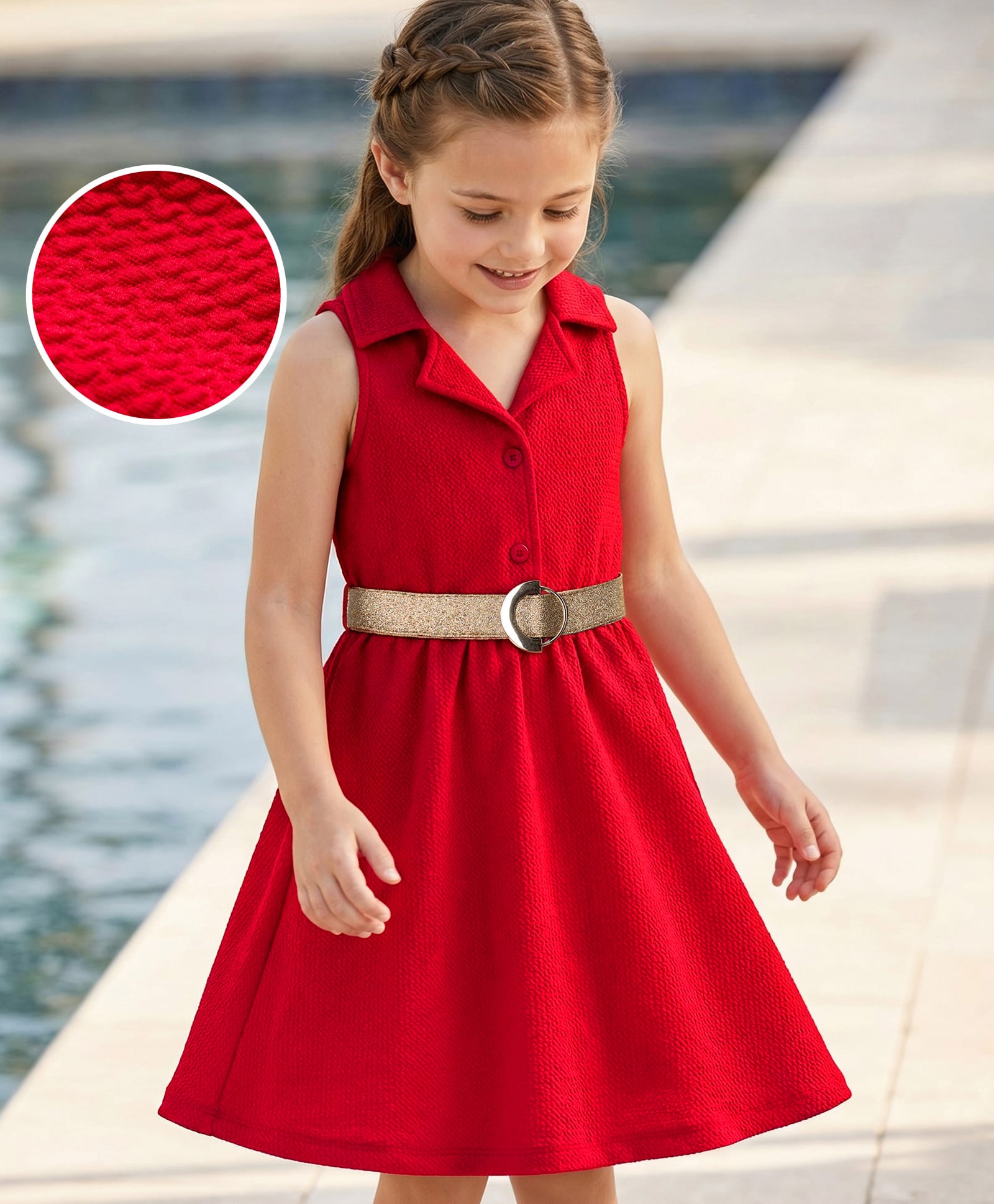 Hola Bonita Knit Sleeveless Textured Fabric Solid Shirt Dress With Belt - Red-image-30