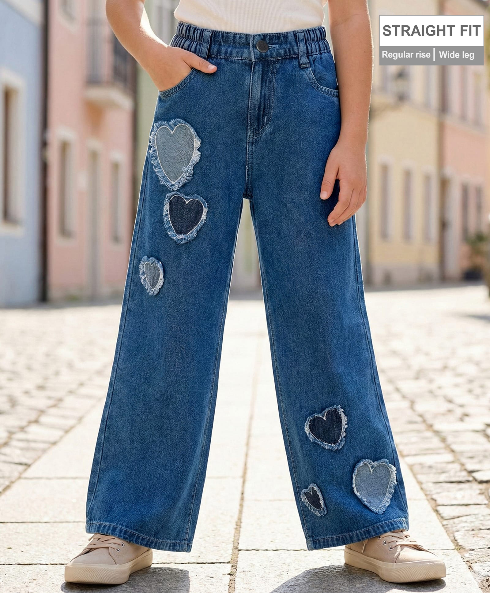 arias by lara dutta Arias Cotton Denim Full Length Wide Leg Washed Jeans With Heart Applique - Blue-picture-28