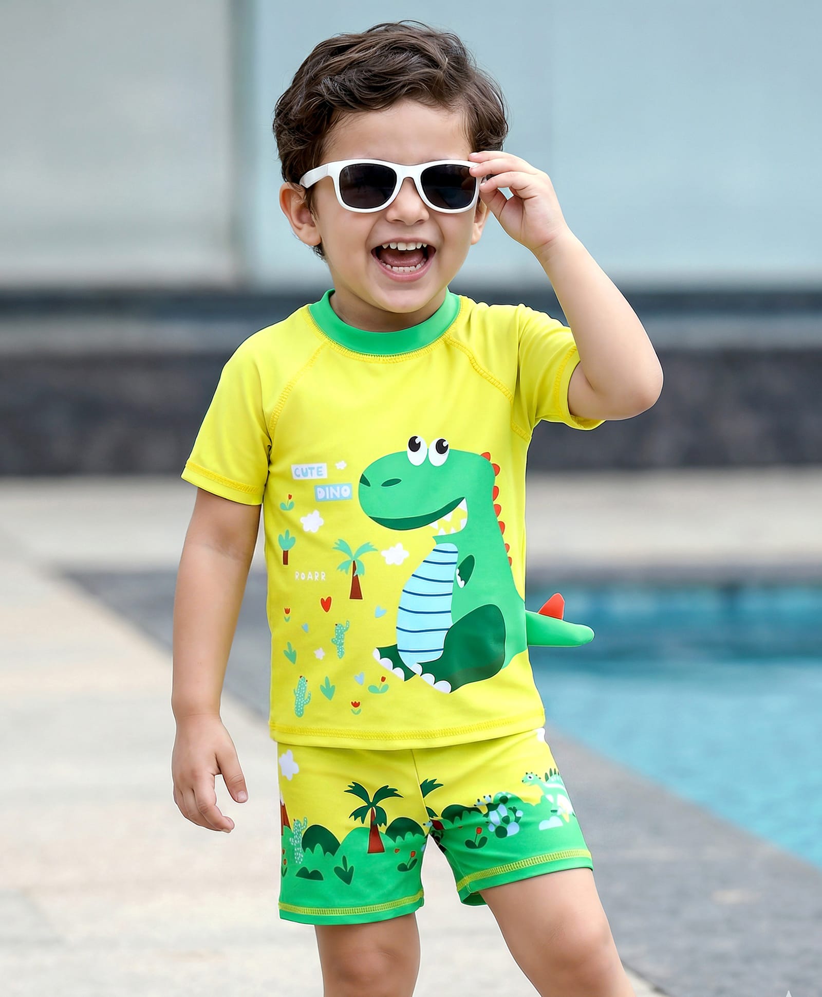 Babyhug Half Raglan Sleeves Dino Printed Two Piece Swimsuit - Yellow-image-15
