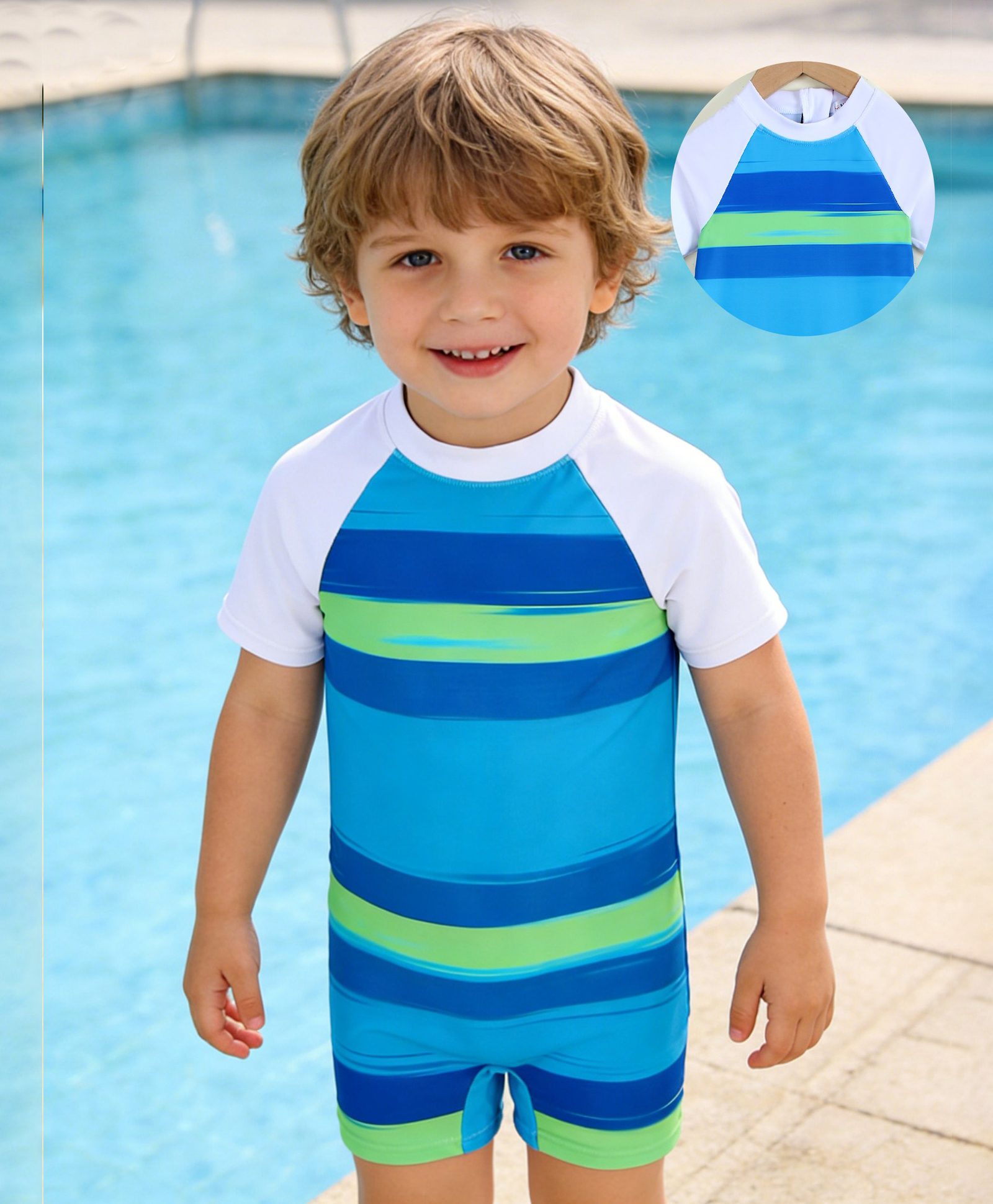 Mark & Mia Half Raglan Sleeves Legged Swimsuit with Stripes - Blue