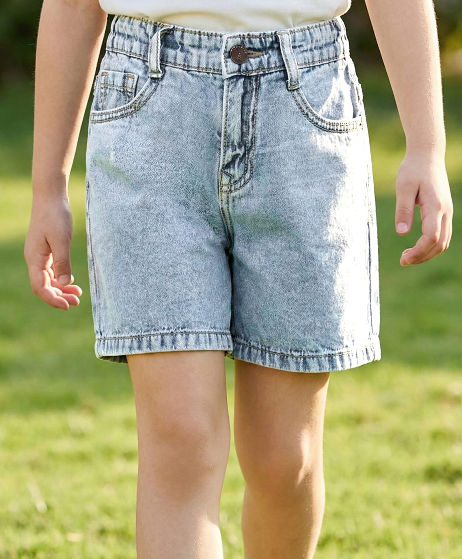 Pine Kids 100% Cotton Denim Woven Solid Color Shorts - Mid Blue-picture-16
