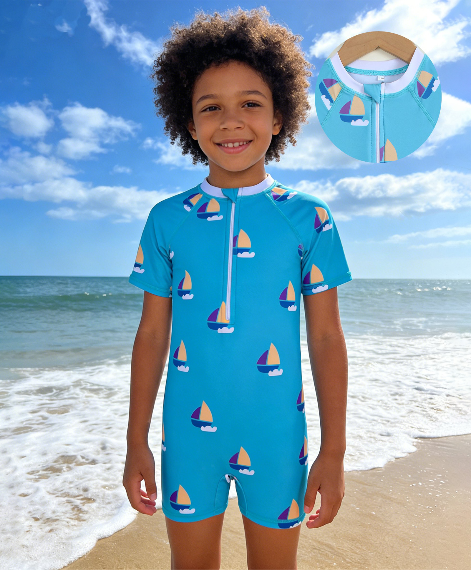 Pine Kids Half Raglan Sleeves Nautical Theme Printed Legged Swimsuit - Light Blue-picture-13