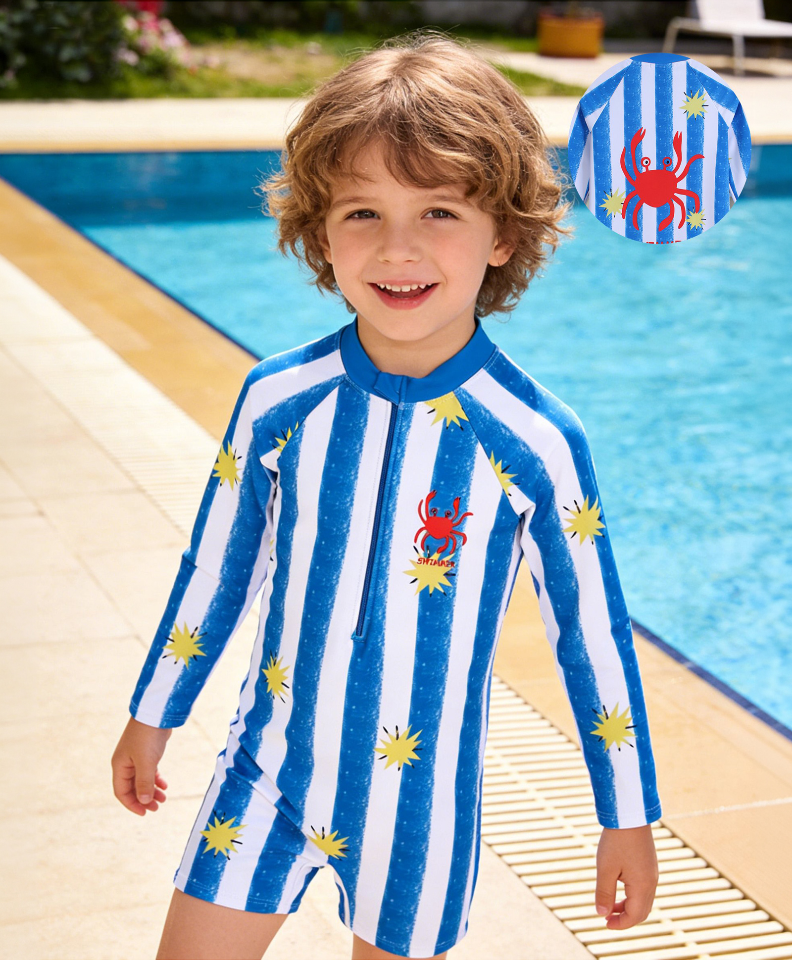 Mark & Mia Full Raglan Sleeves Striped & Crab Printed Legged Swimsuit - Blue-image-26