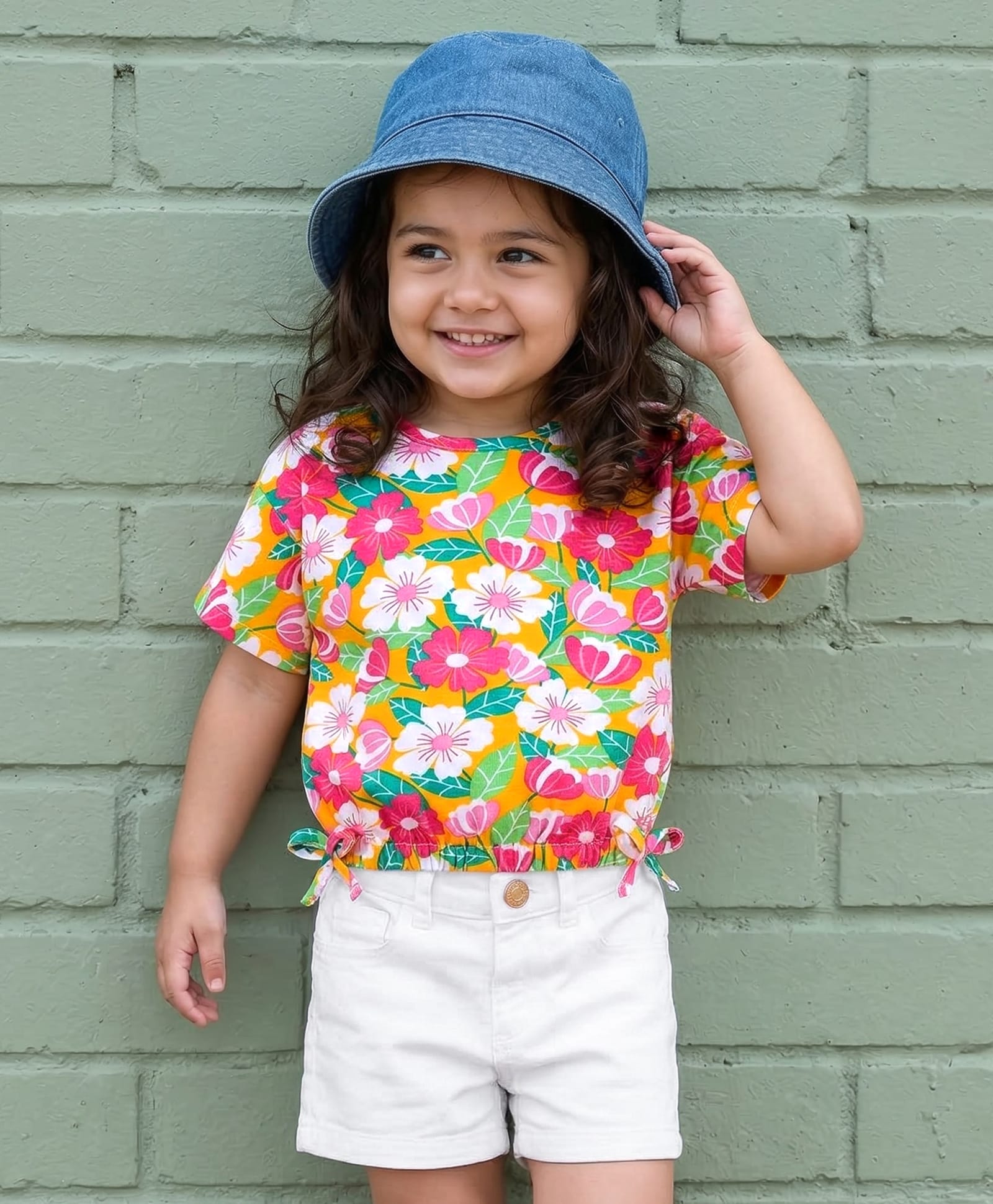 Babyhug Single Jersey Knit Half Sleeves Top & Denim Shorts Set With Floral Print - Orange & White-picture-15